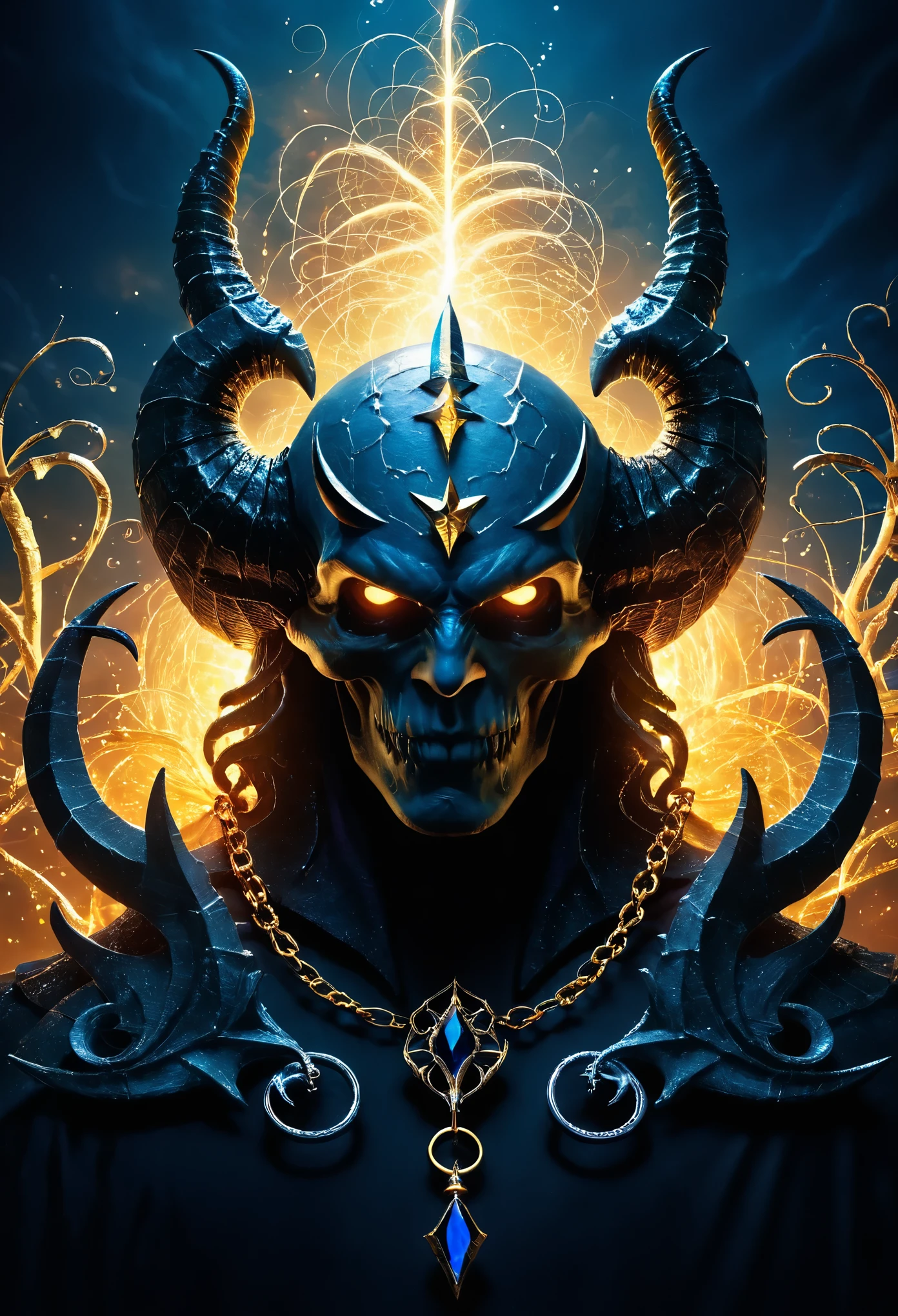 (lighting magic spell effects:3.5),Masterpiece,Best Quality,Hyper Detailed,Cinematic Light,Intricate Detail,Highres,Official Art,Finely Detailed,High Resolution Illustration,8k,Lens Flare,Light Particles,Dark Intense Shadows,Particles,Detailed Background,Detailed Glow,Detailed Reflection,Detailed,Surrealism, drop shadow, anaglyph, stereogram, tachi-e, pov, atmospheric perspective, 8k, super detail, ccurate, best quality,With glow horns、a red skull, dragon portrait, By Rostlan, Benedict Barna, Morel, (((gold jewelry))), (The pupil is composed of a moon-shaped image.:1.8), Miracle, Dark atmosphere, Black Forest, ((Neon glowing)), ((Blue Arc)),dragon features,Dragon skull,Jewelry accessories,diffraction spikes,Vivid colors、Bokeh、portrait、landscape、fear、cartoon、Sci-fi fi,photography,Concept Artist,Steel Claws,Steel Fangs,word graffiti,Blue Arc Link,Metal chain,