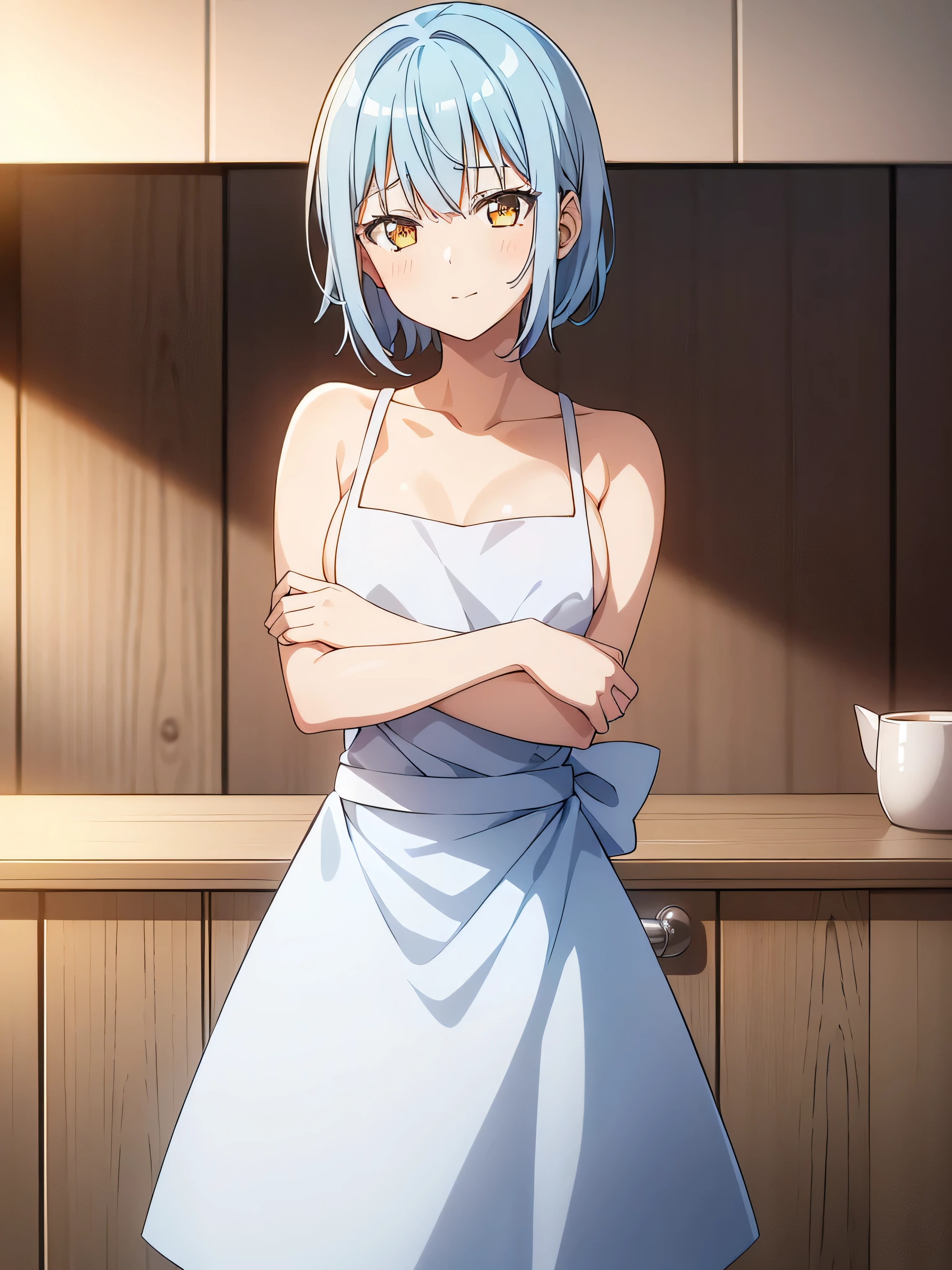 1 girl, short sky blue hair, have bang, golden yellow eyes, soft smile, pink cheeks, white skin, looking at viewer, small breast, white shirt, wear apron in front, shadow lighting, indoors, in the kitchen, (masterpiece, best quality, beautiful detailed eyes, detailed face)