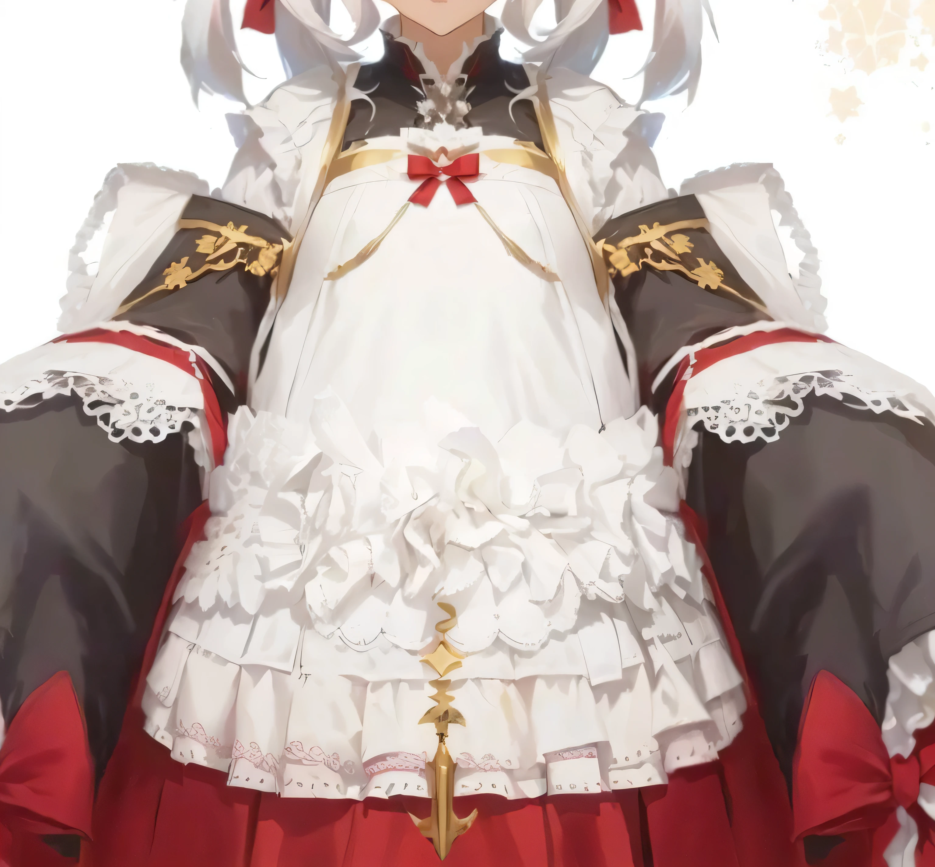 anime girl in a white dress with a red bow and a red dress, from arknights, azur lane style, ornate attire, loli, , from the azur lane videogame, lunar themed attire, maid outfit, twintails white_gloves, in dress, characters from azur lane, frill, white and red armor,Rich in details,Masterpiece,Anime style,Clean shaping,apron
