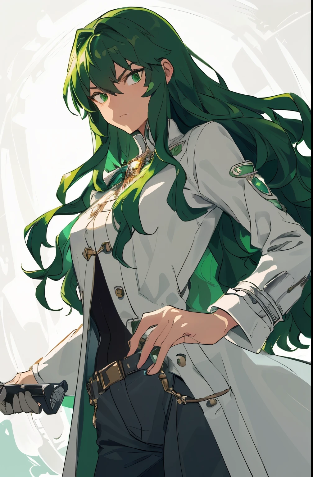 ultra detailed, masterpiece, best quality, solo, cowboy shot, facing viewer,girl, really shiny wavy long emerald color hair, wearing a gray  trenchcoat, light armor, emerald eyes, serious expression, receptive, using a device on her arm that emits a green light