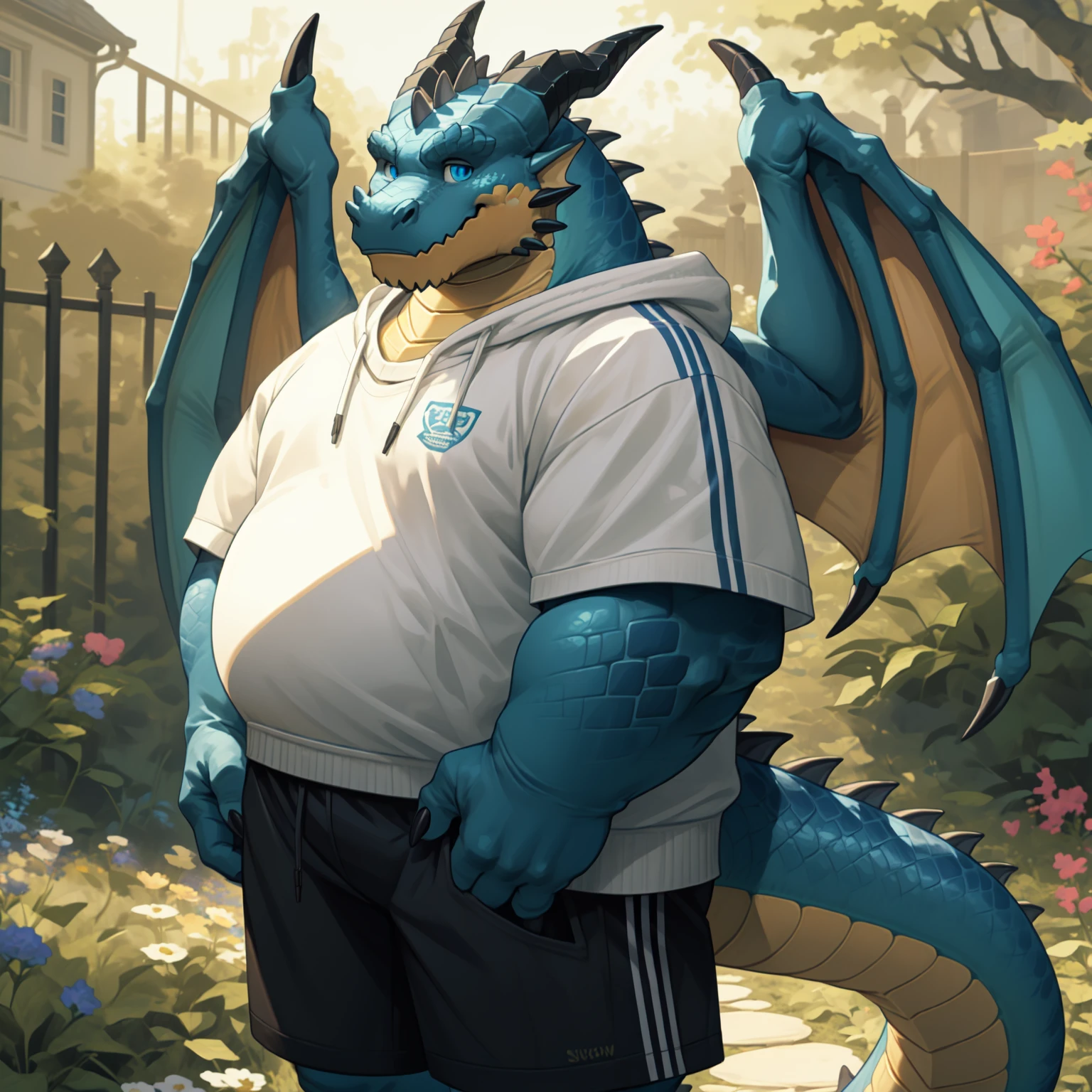 New Jersey 5 Furry,Earth dragon,With a pair of dragon wings,There are dragon horns on the head,Dragon's Tail,portrait,Exquisite, Chubby,Fat,Rounded face,Thick arms,Rugged muscles,Blue Skin,Chubby脸,Black eyebrows,Dark blue eyes,garden,White sweatshirt,shorts