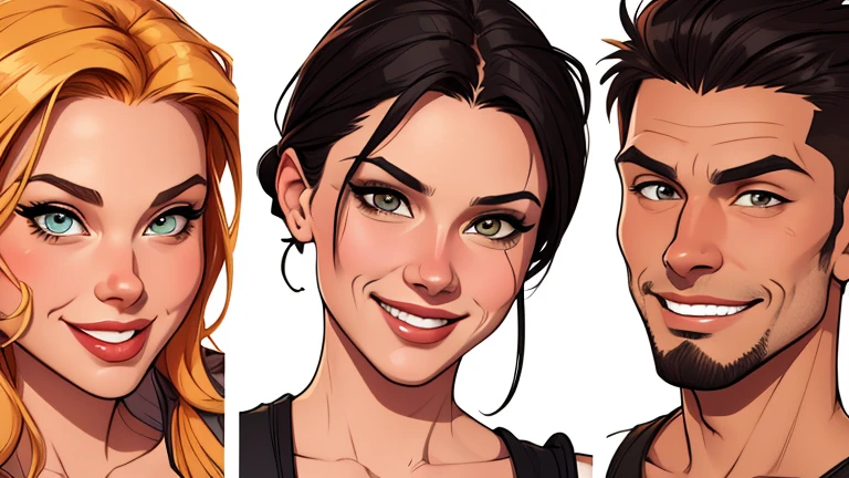 Xena princess warrior portrait mode sensual sesys style Cartoon style digital illustration together boyfriends Cartoon style character portrait mode Cartoon style character facial expression happy beautiful smile and six medium small portrait mode waist up 