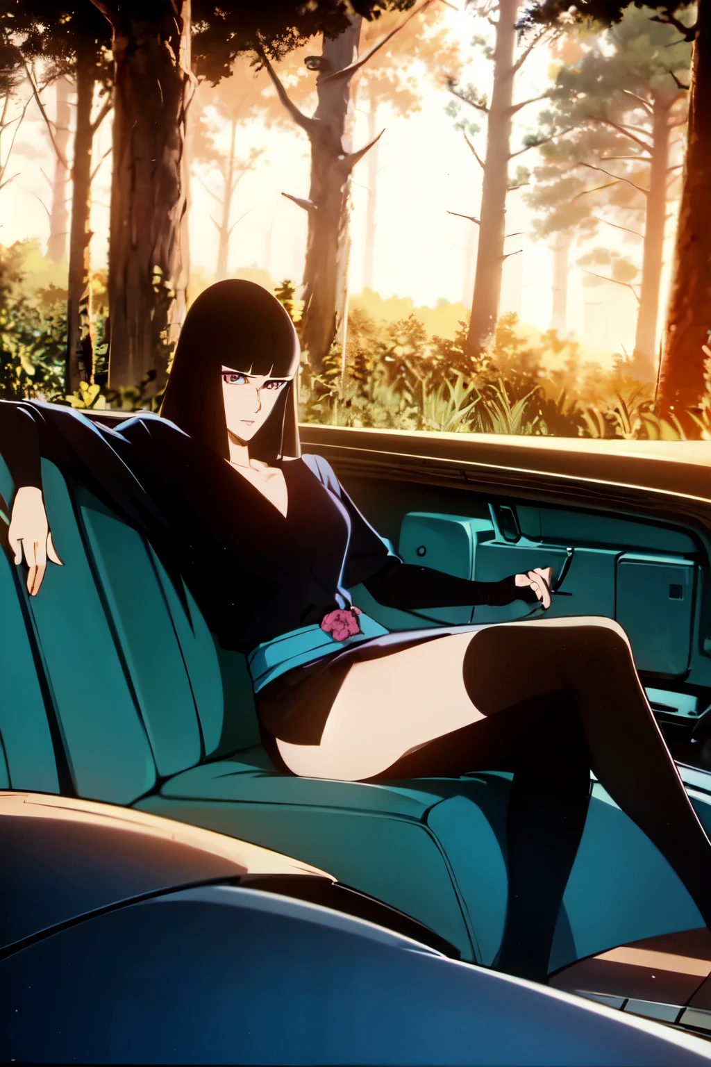 A captivating screenshot from a 1980s anime featuring a sleek, vintage 1967 Chevy Impala. The car's glossy, metallic body gleams in the sunlight, and its iconic tailfins stretch out elegantly. The anime girl sitting in the driver's seat gazes intently at the road ahead, her expression a perfect blend of concentration and excitement. The interior of the Impala is impeccably detailed, with retro dashboard controls and aged leather seats. The scenic background completes the picture, with trees lining the winding road and the sun setting in the distance, casting a warm, golden glow over the scene. This masterpiece