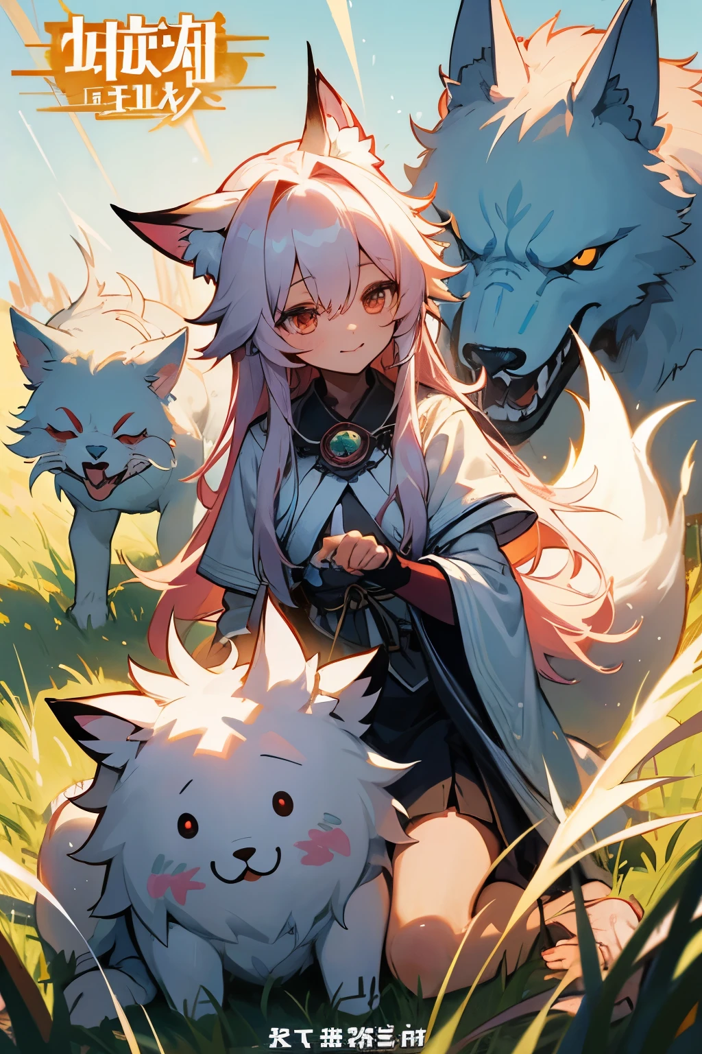 work、cover、「I was reincarnated in another world, so I&#39;m going to be invincible with the holy beasts」No character（telop）、Fluffy characters、Fenrir、Phoenix、grassland、Beautiful girl、beautiful、cute、smile、stroking