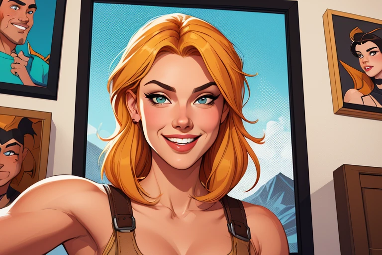 Xena princess warrior portrait mode sensual sesys style Cartoon style digital illustration together boyfriends Cartoon style character portrait mode Cartoon style character facial expression happy beautiful smile and six medium small portrait mode waist up 