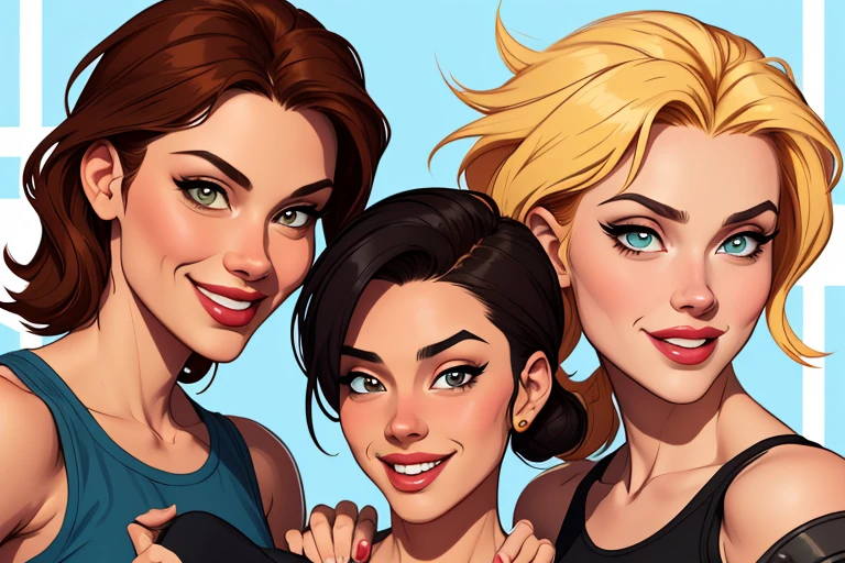 Xena princess warrior portrait mode sensual sesys style Cartoon style digital illustration together boyfriends Cartoon style character portrait mode Cartoon style character facial expression happy beautiful smile and six medium small portrait mode waist up