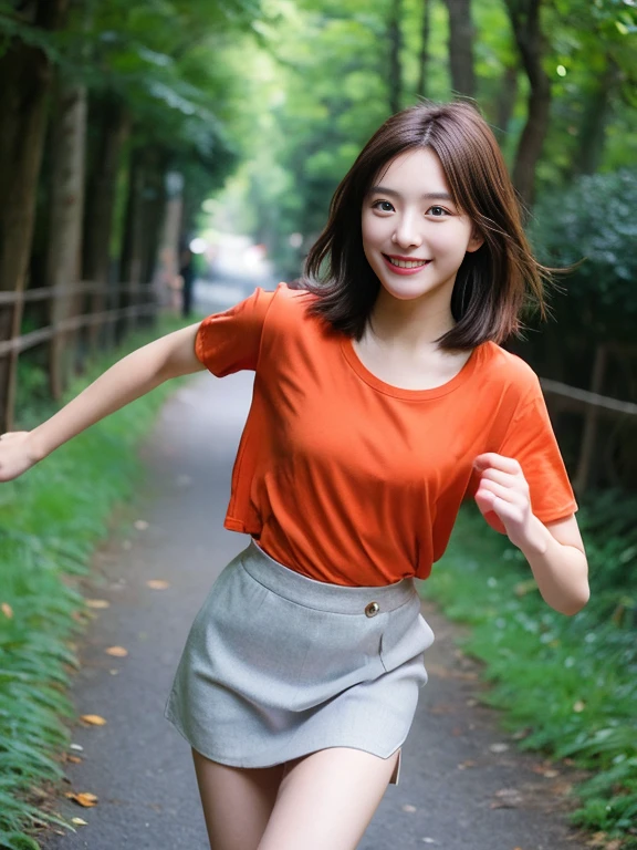 Realistic photo quality、20 year old Japanese model、Idol、Blur the background a lot、 One beautiful woman、Cute Smile、Ruffled shirt、mini skirt、Hands, feet and beautiful face of a person、The whole body of the person、forest path、Coming towards me at a running pace、short hair、Brunette Hair、looking at the camera:2.0
