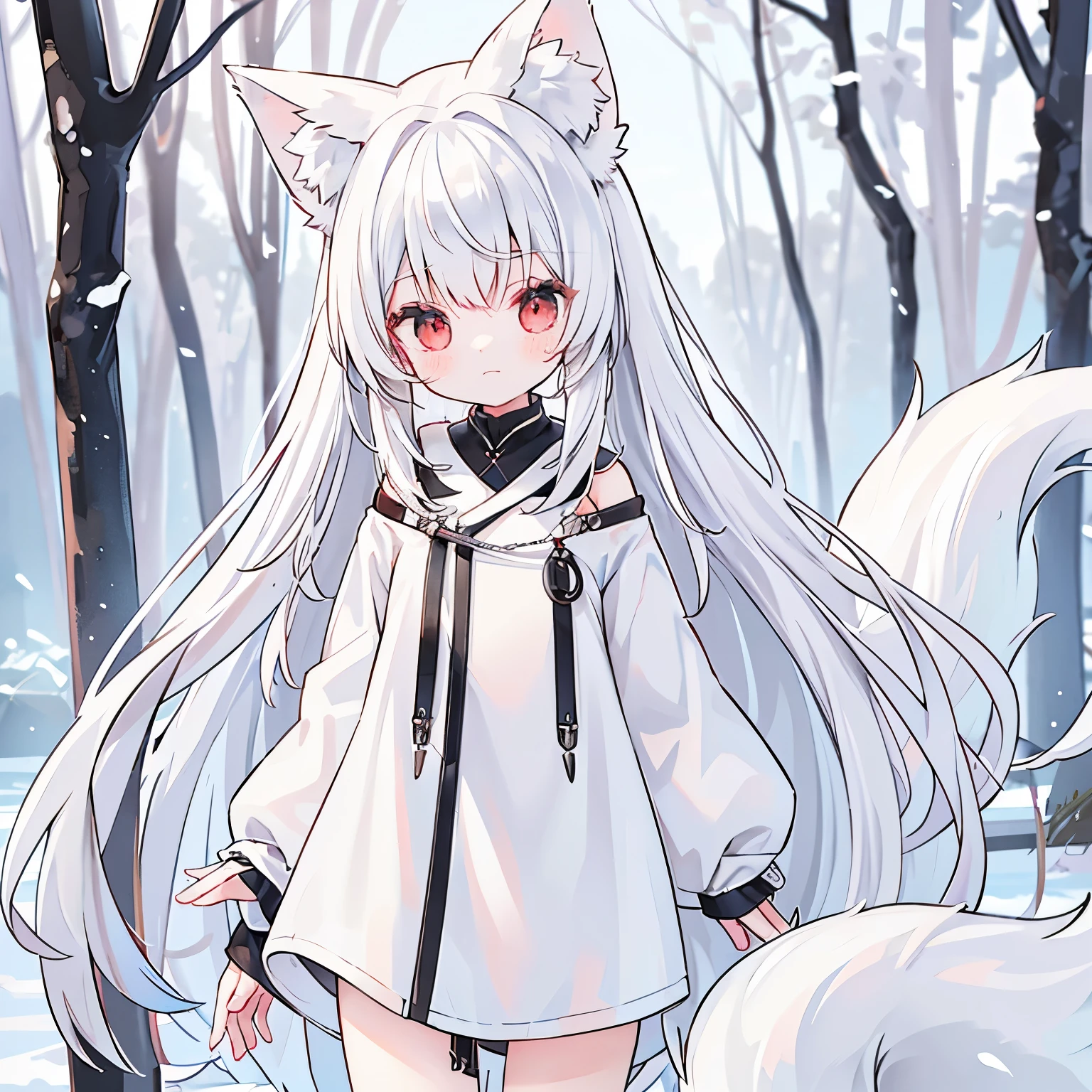 Silver hair, red eyes, long hair, short stature, cute face, 4 white fox tails, white fox ears