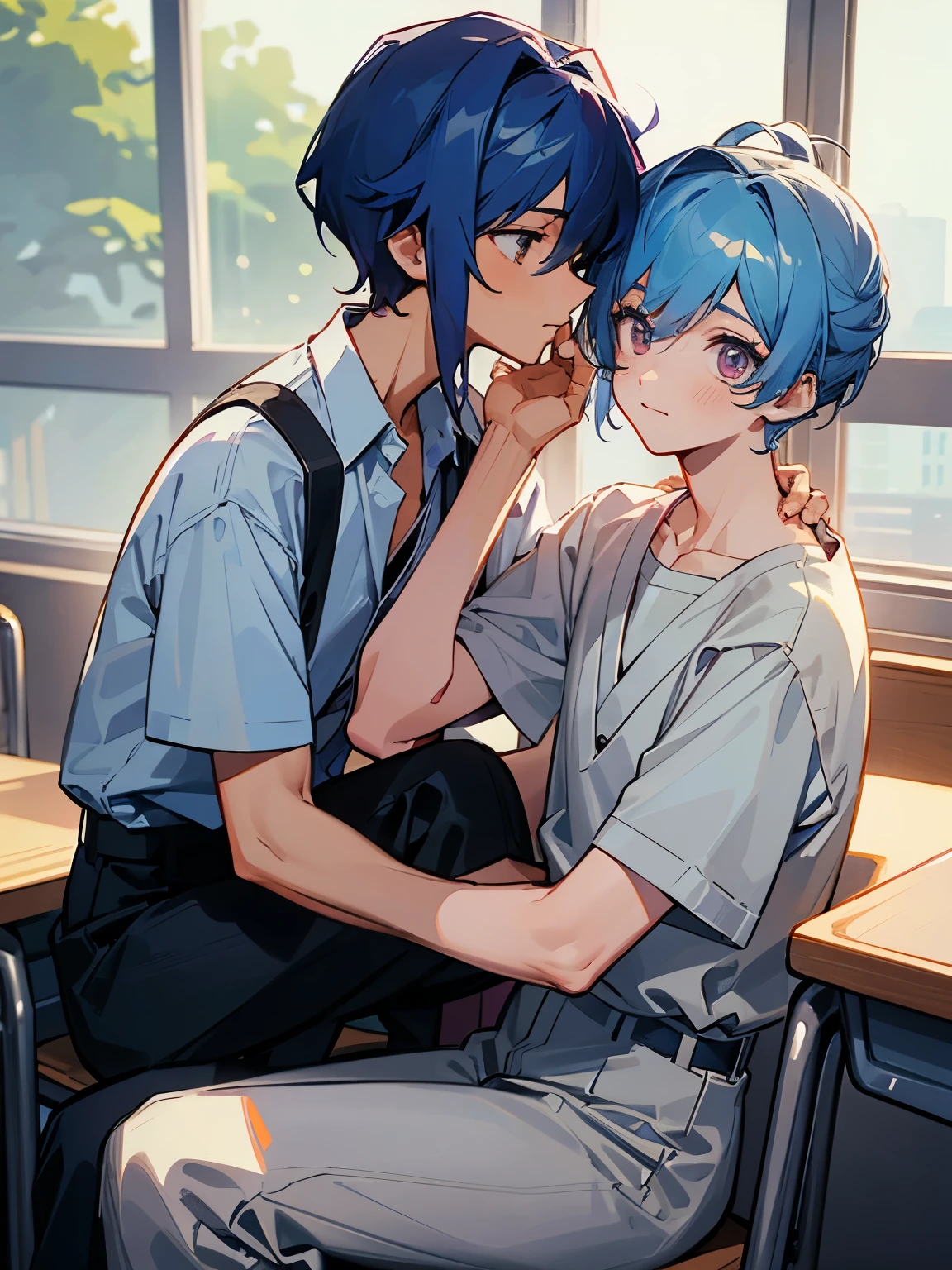 cartoon of two boys sitting at a table with a book and a backpack, ddlc, in the art style of 8 0 s anime, 9 0 s anime style, 90s anime style, in anime style, in an anime style, anime aesthetic, anime vibes, 9 0 s anime aesthetic, 9 0 s anime art style, lofi boy, typical anime classroom, beautiful background window, two cute boys, beautiful faces, two boys, don't extra hands, NO extra hands, generate two boys with NO extra hands, NO extra arm