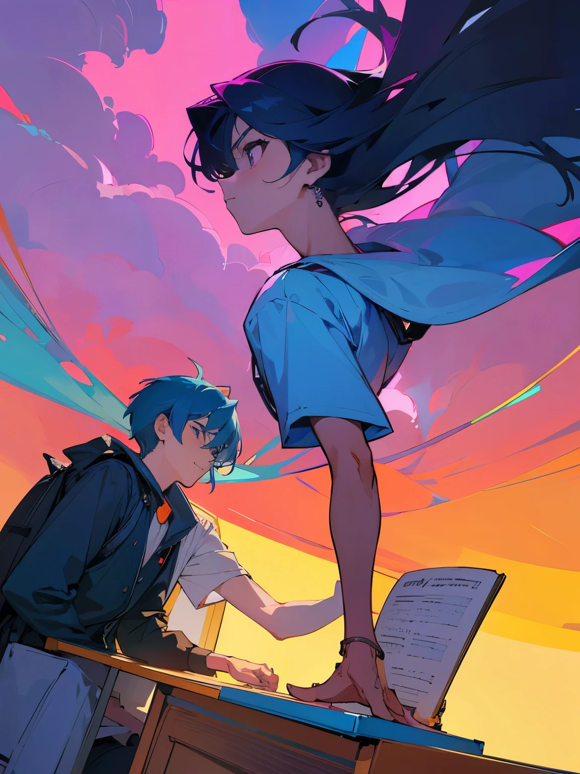 cartoon of two boys sitting at a table with a book and a backpack, ddlc, in the art style of 8 0 s anime, 9 0 s anime style, 90s anime style, in anime style, in an anime style, anime aesthetic, anime vibes, 9 0 s anime aesthetic, 9 0 s anime art style, lofi boy, typical anime classroom, beautiful background window, two cute boys, beautiful faces, two boys, don't extra hands, NO extra hands, generate two boys with NO extra hands, NO extra arm