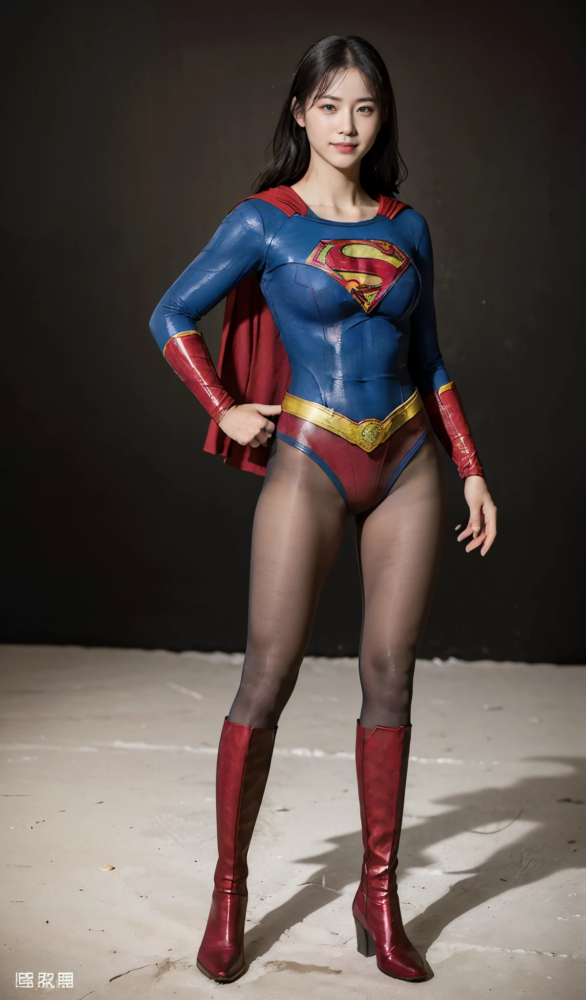 No background、(((Beautiful legs in black tights.)))、(((Legally express the beauty of your smile)))、((((Make the most of your original images)))、(((Supergirl Costume)))、(((Beautiful Hair)))、(((suffering)))、(((Please wear black tights....、Wear red boots)))、((Best image quality、8K))、((highest quality、8K、masterpiece:1.3))、(((Preserve background )))、Sharp focus:1.2、Beautiful woman with perfect figure:1.4、Thin abdominal muscles:1.2、Wet body:1.5、Highly detailed face and skin texture、8K