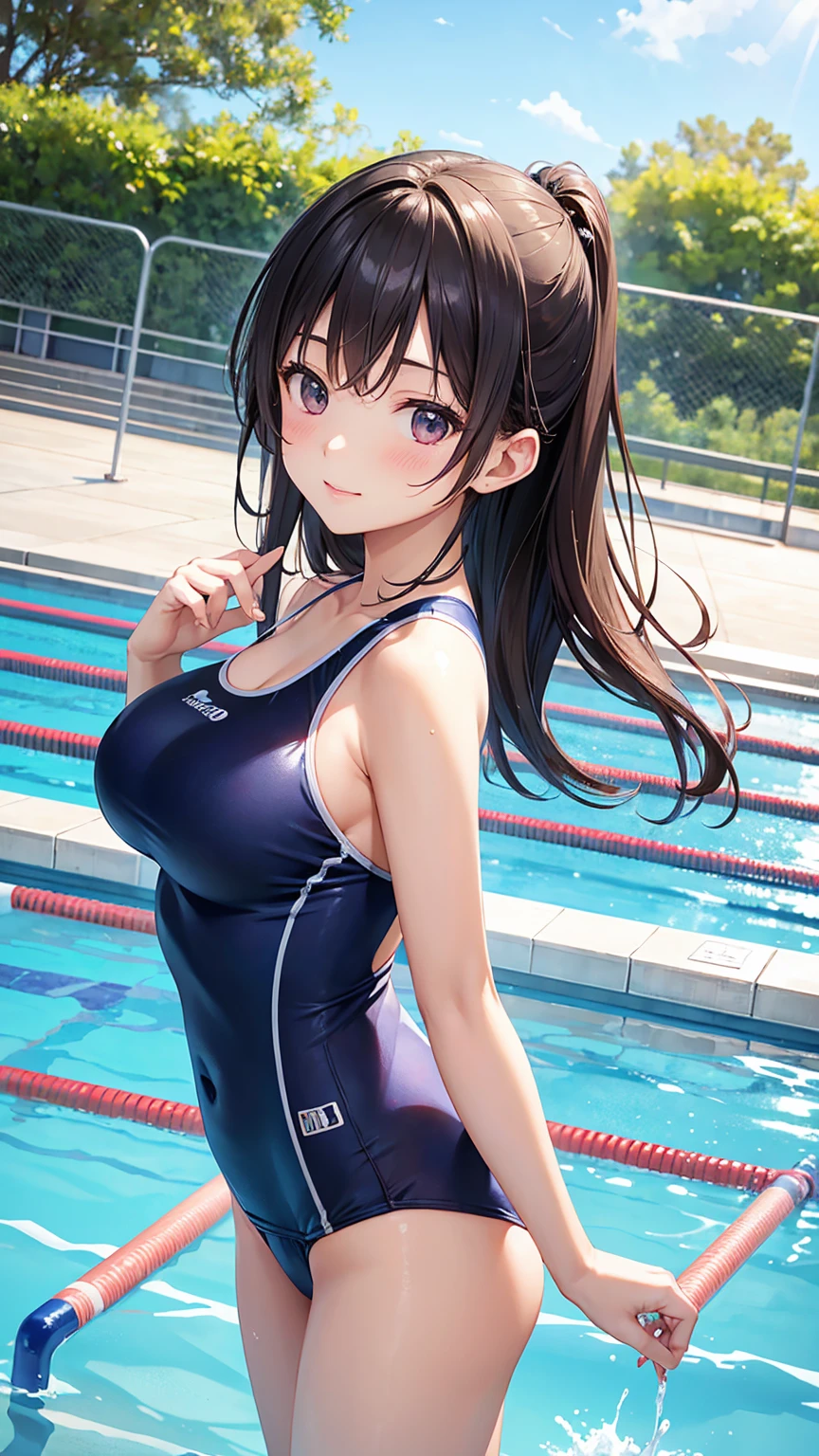 Highest quality、masterpiece、Realistic photos、Dynamic Angle、Dynamic Pose、Female student、Swimsuit、Big 、At the school pool