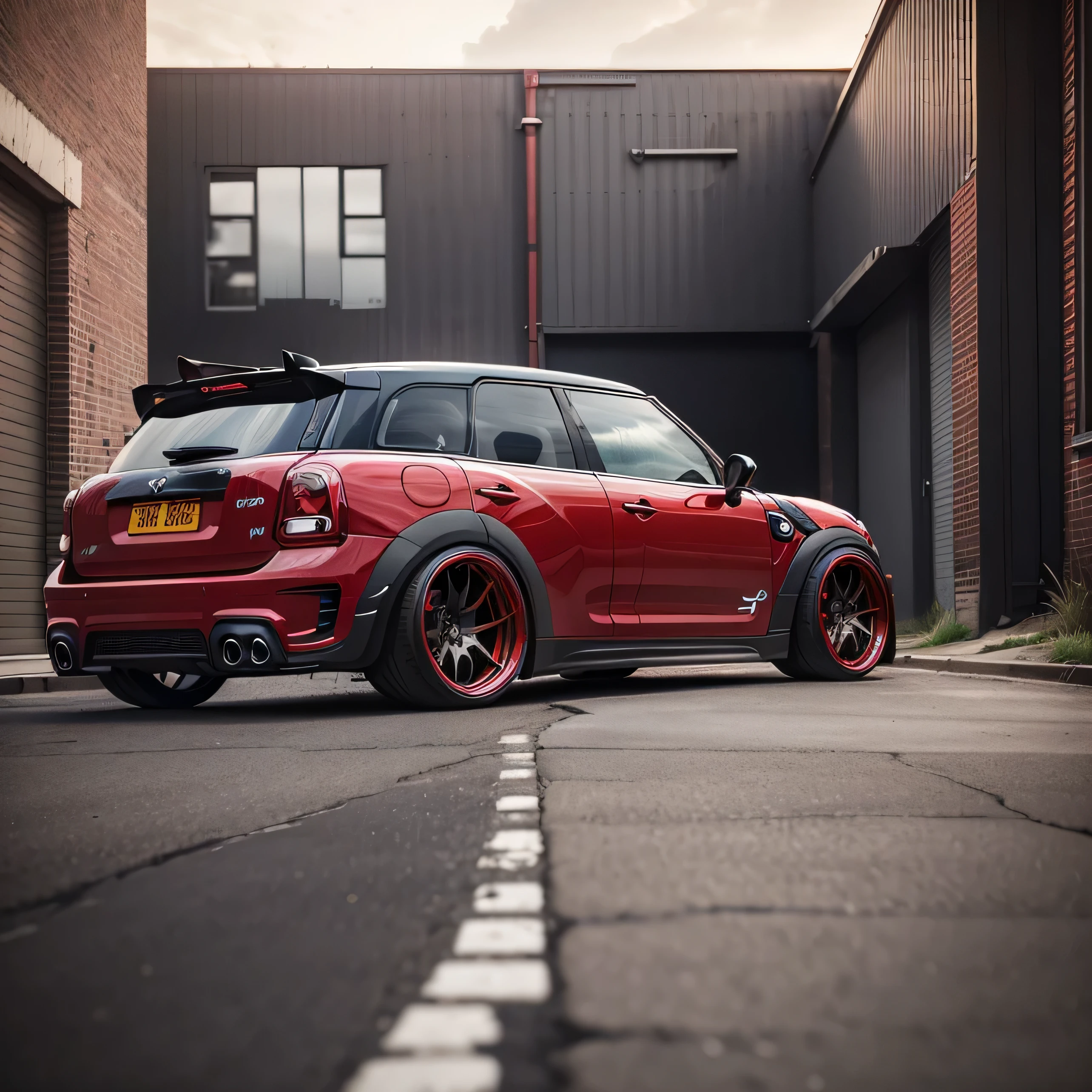 red Classic Mini Countryman with red roof, ((carbon fibre, Liberty walk ultra wide body kit)), aggressive stance ((background: outside old industrial style building, large windows in background, overcast sky, heavy industrial look, cobble stone street)), 8K quality, realistic, realism, sharp, detailed, ultrawide, black and carbon fibre and deep candy apple red scheme, front profile, epic stance, epic ultra wide body kit, super low stance, aggressive looks