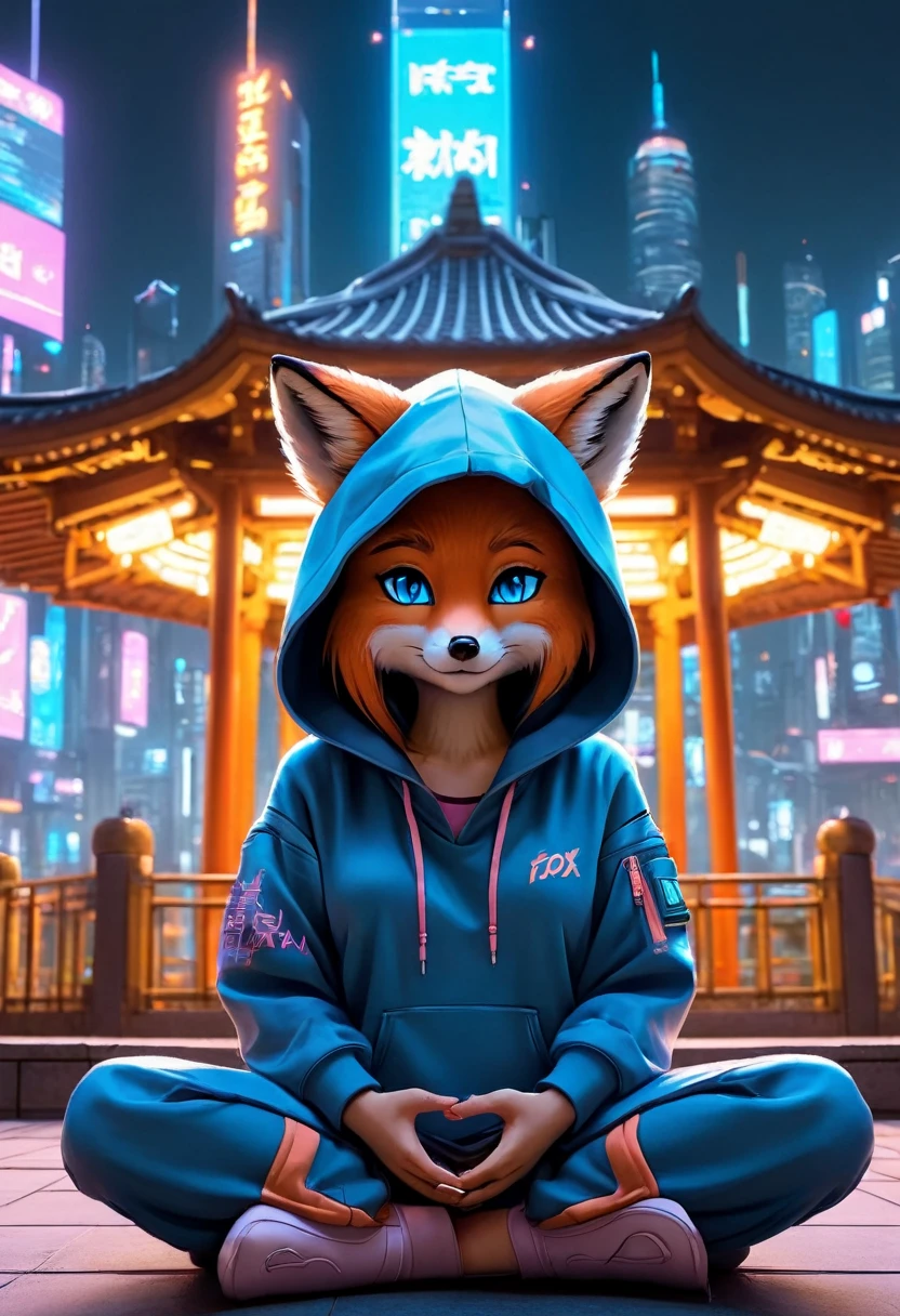 (Cute cartoon, CuteCartoonAF. | A masterpiece in maximum resolution 16K. | (cute cartoon style). | front view (solo adorable fox cyberpunk citizen) (meditating in a spacious Japanese pavilion), (wear a fashionable hoodie), ((mechanical cyberpunk)). | (((soft smile, I look at the viewer))), (bright blue eyes), ((one of the eyes is mechanical)). | cyberpunk cityscape in the background. | ((more detail))