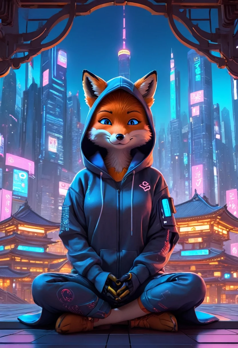 (Cute cartoon, CuteCartoonAF. | A masterpiece in maximum resolution 16K. | (cute cartoon style). | front view (solo adorable fox cyberpunk citizen) (meditating in a spacious Japanese pavilion), (wear a fashionable hoodie), ((mechanical cyberpunk)). | (((soft smile, I look at the viewer))), (bright blue eyes), ((one of the eyes is mechanical)). | cyberpunk cityscape in the background. | ((more detail))