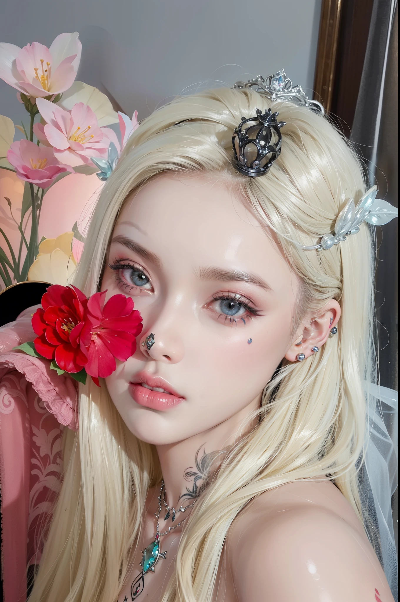 Royal princess，Exquisite eyes，Frozen queen，Put the crown on your head，Detailed facial expressions body，Tall and big，Glamorous characters，Leg length，4K，HD，Sensual，White translucent lace，白皙Full picture，Little cherry mouth，Beautiful and cute，Full picture，Glossy Gel Coat，Wear a luxurious dress，Gothic Vampire Queen，Wearing lip studs，Tattoos，Thick eye shadow(Black tattoo)，Flower Fairy