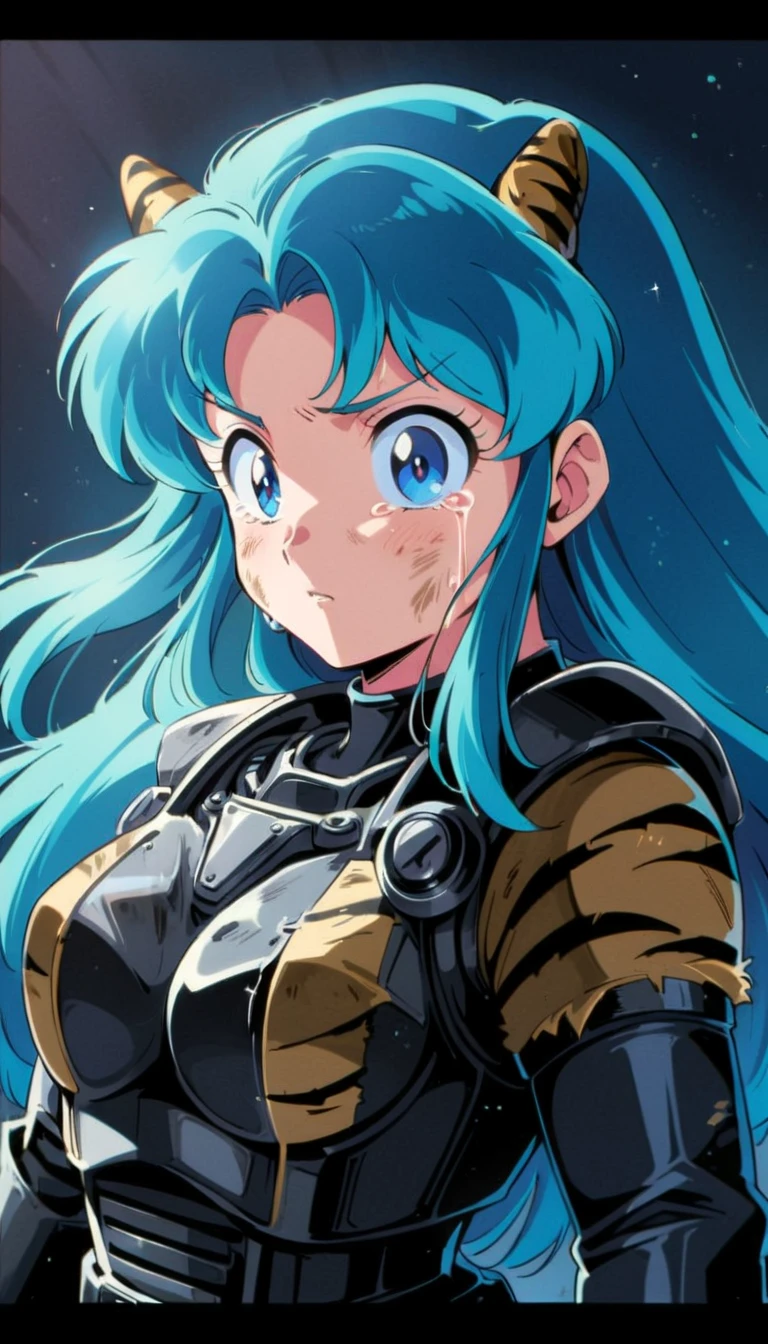 ((Lum)), Solo, blue-green hair, dirty aqua hair, (solo), bangs, long hair, blue eyes, dirty face, blood on the face, score_9, score_8_up, score_7_up, yellow tiny tiger-striped horns, wound, wicked, tears, retro anime girl, 80's anime vibe, 1980's anime style, 80's anime style, in the art style of 80's anime, 90s anime style, 90's anime style, 80's anime art style, wear power armor, T-60, Military, damaged, Simple background, Science fiction, Beautiful lighting, dappled sunlight, light particles, Best quality, 4k, 8k, highres, (masterpiece:1.4), ultra-detailed, upper body,