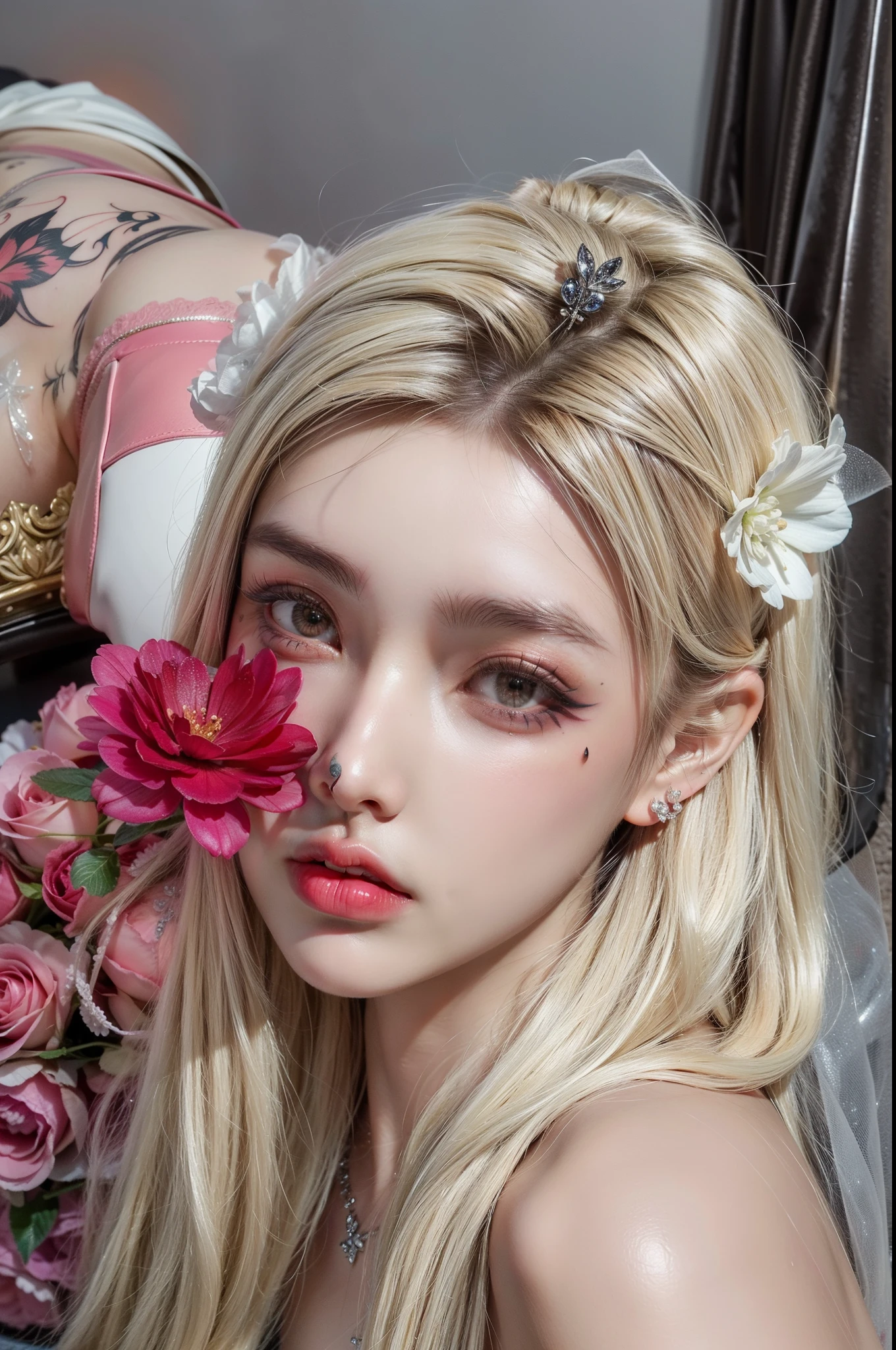 Royal princess，Exquisite eyes，Frozen queen，Put the crown on your head，Detailed facial expressions body，Tall and big，Glamorous characters，Leg length，4K，HD，Sensual，White translucent lace，白皙Full picture，Little cherry mouth，Beautiful and cute，Full picture，Glossy Gel Coat，Wear a luxurious dress，Gothic Vampire Queen，Wearing lip studs，Tattoos，Thick eye shadow(Black tattoo)，Flower Fairy