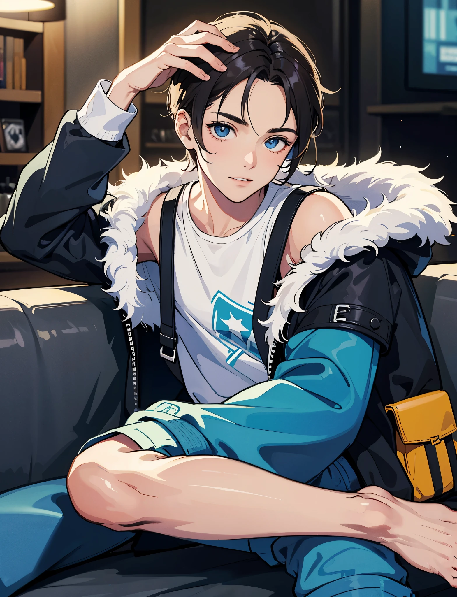 Ein kleiner Junge mit,Tragen Sie eine Jeansjacke,trage Turnschuhe,Mit einem Headset,Happy,I'm sitting in a café drinking coffee,Blick auf die Wolken am Himmel,Close-up of a full body photo,Ultra-High-Definition