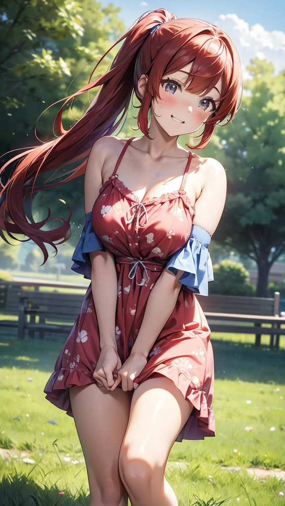 ore no imouto ga konna ni kawaii wake ga nai, 25-yers-old girl with crimson red hair- pulled up into twin ponytails, wearing a blue sundress with blue panties, country field background, 