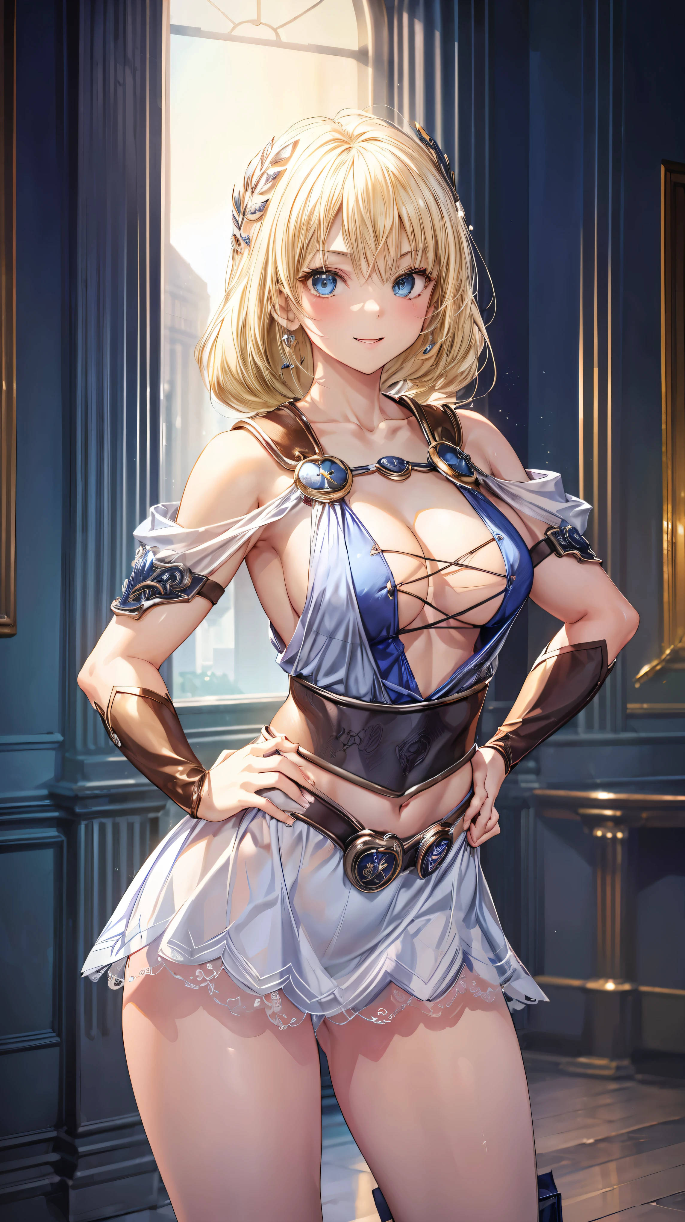 Very detailed、highest quality、Best image quality、masterpiece、8k、Anime Face、A kind smile、Open your mouth、Sparkling blue eyes、(Blonde:1.5)、(Put your hands on your hips:1.5)、Muscles of the whole body