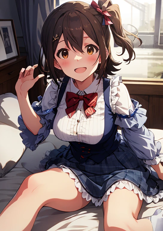 yabuki kana  (million live), (highest quality, 8K, masterpiece, Super detailed:1.2), (Lens flare, particles of light, shine), big breasts, smile, open your mouth, masterpiece, highest quality, Super detailed, High resolution, Very detailed CG, (official art), red bow tie, vest, plaid skirt, Light blue skirt , ((NSFW)), perfect body,sexy, panty shot,((M-shaped spread legs)), (spread your legs),raise your legs, (embarrassing:1.1), (blush:1.2), (orgasm:1.2), open your mouth, (shout:1.1), (moving line:1.1), Sweat, heavy breathing, Expansion Division,  penis, sex, sex with men, {{amazon location}}, Bedroom, white sheets, pillow, 