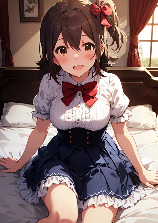 Mirai Kasuga  (A million people live), (highest quality, 8k, masterpiece, Very detailed:1.2), (Lens flare, Particles of light, Shine), Big Breasts, smile, Open your mouth, masterpiece, highest quality, Very detailed, High resolution, Very detailedなCG, (Official Art), Red bow tie, Best, Checked skirt, Light blue skirt , (Spread your legs),Lift your legs, (Embarrassing:1.1), (blush:1.2), Open your mouth, (shout:1.1), (Moving lines:1.1),  Bedroom, White sheets, pillow, 