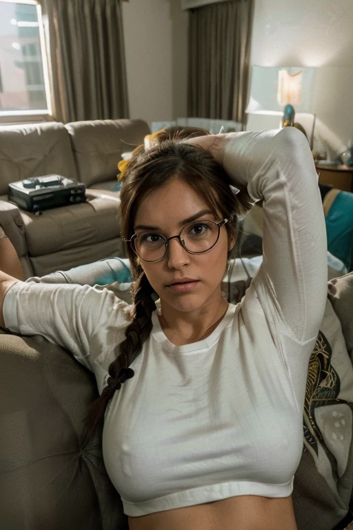 (Cinematic Grade), (Excellent), (Comic Book Style), (In a Dizzy Living Room: 1.5) (A 24-Year-Old Woman Lying on a Large Fabric Sofa: 1.4) (Wearing a White t Shirt: 1.3) tight (Brown Hair Tied Up in a Ponytail) (Wearing a Pair of Glasses) (Cinematic Grade) (Excellent Picture Quality) (In a Normal Living Room, Dim Lighting: 1.6)