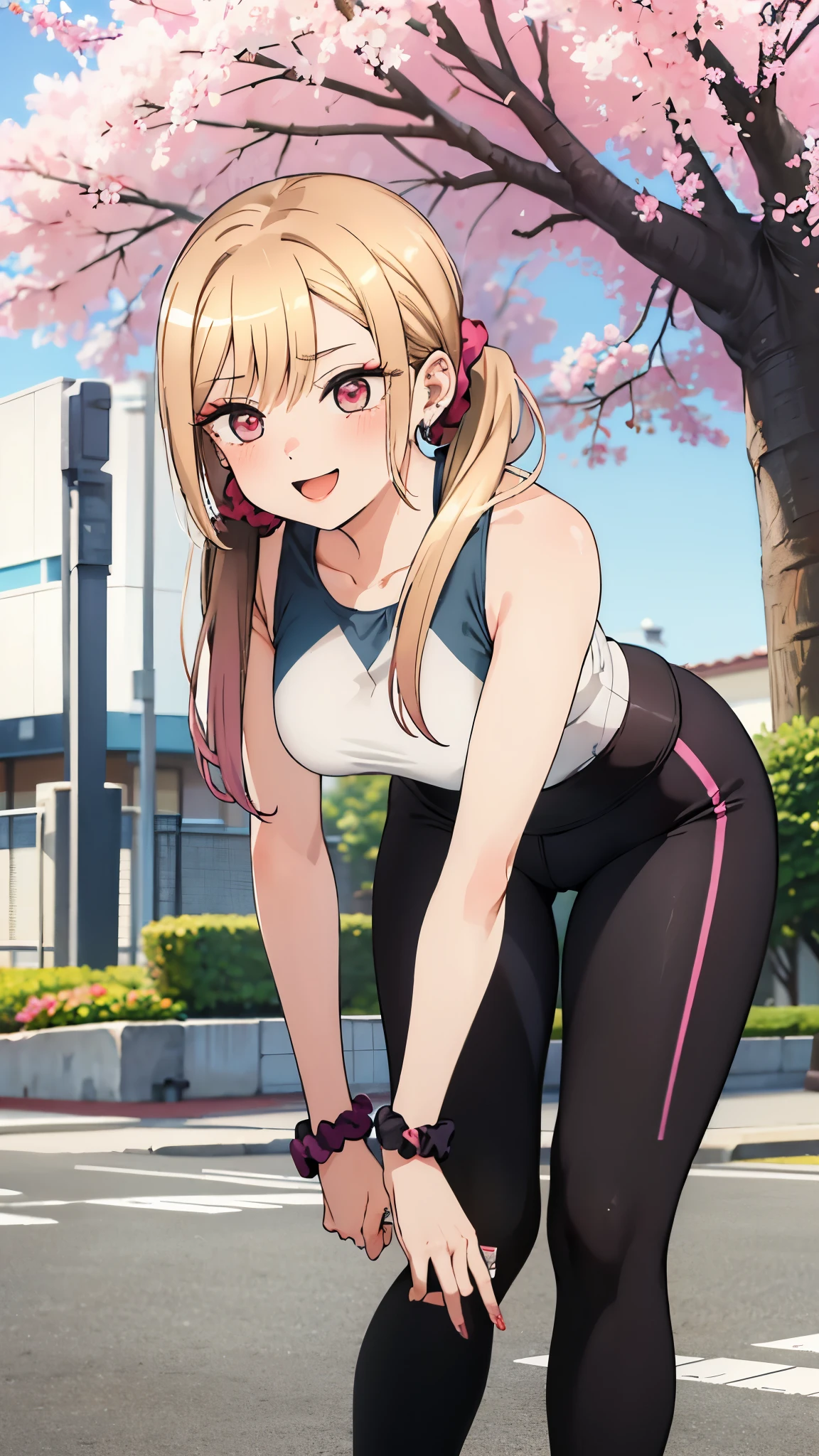 masterpiece,highest quality,High resolution,Very detailed,Akade,two-tupone hair,side puponytail,Side Lock,Hair Scrunchie,Improve,Earrings,Play sports often,leggings,Outdoor,cherry blossoms,smile,Sweat,Leaning forward,hand_upon_Own_knees,