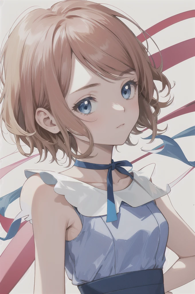 masterpiece, best quality, highres, serena \(pokemon\), short hair, blue eyes, 1girl, solo, blue ribbon, eyelashes, neck ribbon, sleeveless, bangs, collarbone, bare arms, pink dress , red coat, white background, front, no scenery, looking at the viewer,upper body, facing viewer, solid color background, clean background, facing the camera, high resolution, expressionless calm face, white back ground, looking away, simple_background