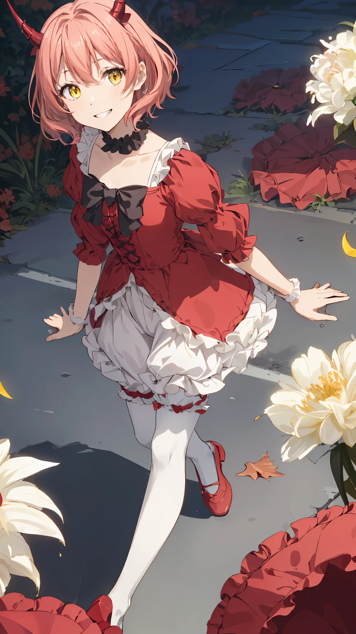 upper body,smile, leaning back,(knees to chest,knees up:1.3),(midair,falling:1.4),hanako, short hair, (yellow eyes:1.3), pink hair, horns,dress, bow, tail, pantyhose,red dress, red footwear,(white bloomers,frills:1.3), collarbone, gemstone, juliet sleeves, puffy sleeves, choker, masterpiece,Noise Reduction,perfect anatomy,high resolution, ultra-detailed,game cg,dutch angle ,beautiful detailed eyes,visualart,five fingers, perfect hands, perfect lighting,