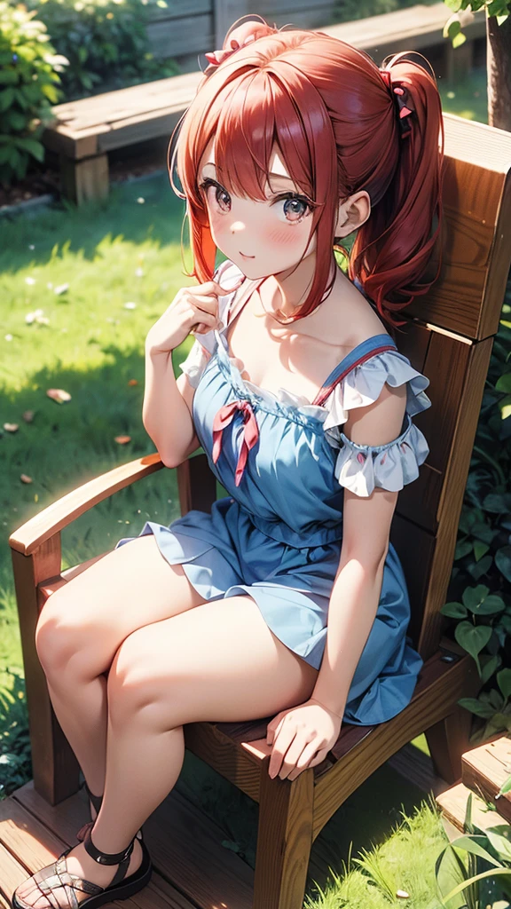 ore no imouto ga konna ni kawaii wake ga nai, 25-yers-old girl with crimson red hair- pulled up into twin ponytails, wearing a blue sundress with blue panties, country field background, sitting in wooden chair