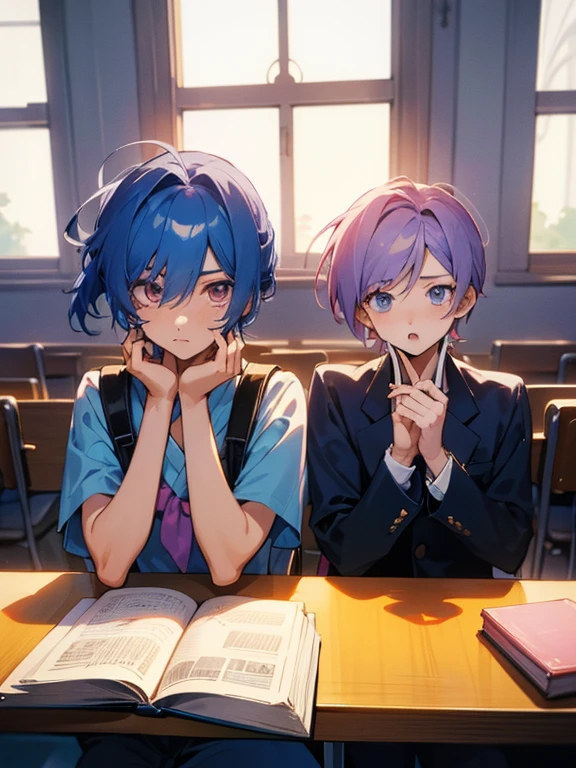 cartoon of two boys sitting at a table with a book and a backpack, ddlc, in the art style of 8 0 s anime, 9 0 s anime style, 90s anime style, in anime style, in an anime style, anime aesthetic, anime vibes, 9 0 s anime aesthetic, 9 0 s anime art style, lofi boy, typical anime classroom, beautiful background window, two cute boys, beautiful faces, two boys, don't extra hands, NO extra hands, generate two boys with NO extra hands, NO extra arm