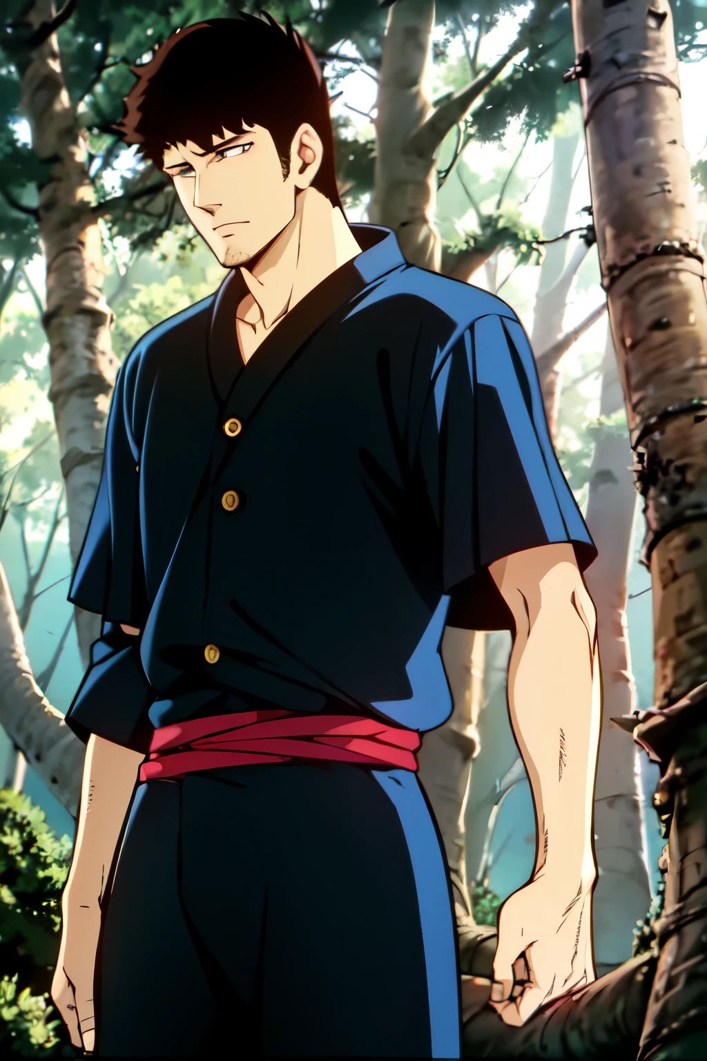 Title: "Jensen Ackles in Retro Anime Screenshot"

Description:
Amidst the pixelated background of a 1980's anime scene, Jensen Ackles is depicted in crisp detail. He sits calmly with his back against a tree trunk, his piercing gaze focused on an unseen adversary. His mussed-up hair frames his chiseled jawline, and his signature stubble adds ruggedness to his features. The anime artists have capture every minute detail, from the creases in his jeans to the buttons on his long-sleeve shirt. Jensen's arms are crossed, exuding a sense of confidence that is characteristic