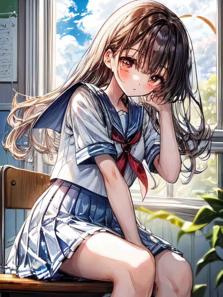 Create an image of a sitting girl, sailor suit, classroom, A person leaning on their hand and staring at you with a thoughtful expression. The image should capture the essence of summer, The girl should be in a typical summer pose, with a high-contrast effect and a subtle glow. The upper part of the screen should have a darker tone, gradually transitioning into a brighter tone towards the bottom.A beautiful scene of fluffy cumulus clouds entering through the window in the background.