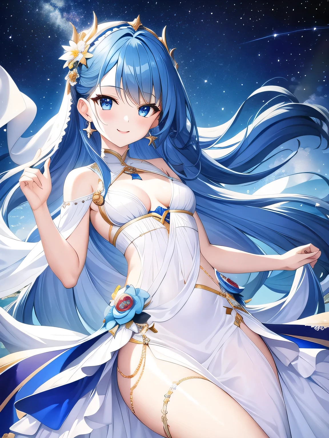 (masterpiece), highest quality, blue eyes, Bright blue hair,(Medium Hair)、Expressive eyes, starry skies , highlight, Dramatic Light, White clothes、Long skirt、Earrings、Smiling face、((Small breasts))、