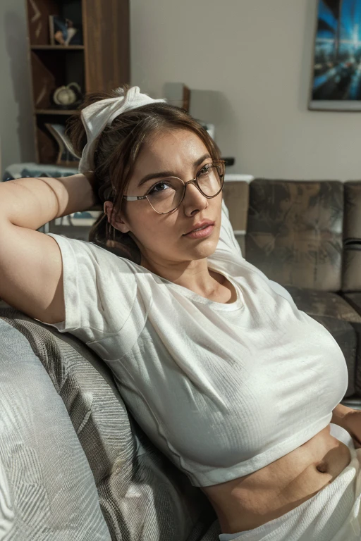 (Cinematic Grade), (Excellent), (Comic Book Style), (In a Dizzy Living Room: 1.5) (A 24-Year-Old Woman Lying on a Large Fabric Sofa: 1.4) (Wearing a White t Shirt: 1.3) tight (Brown Hair Tied Up in a Ponytail) (Wearing a Pair of Glasses) (Cinematic Grade) (Excellent Picture Quality) (In a Normal Living Room, Dim Lighting: 1.6)