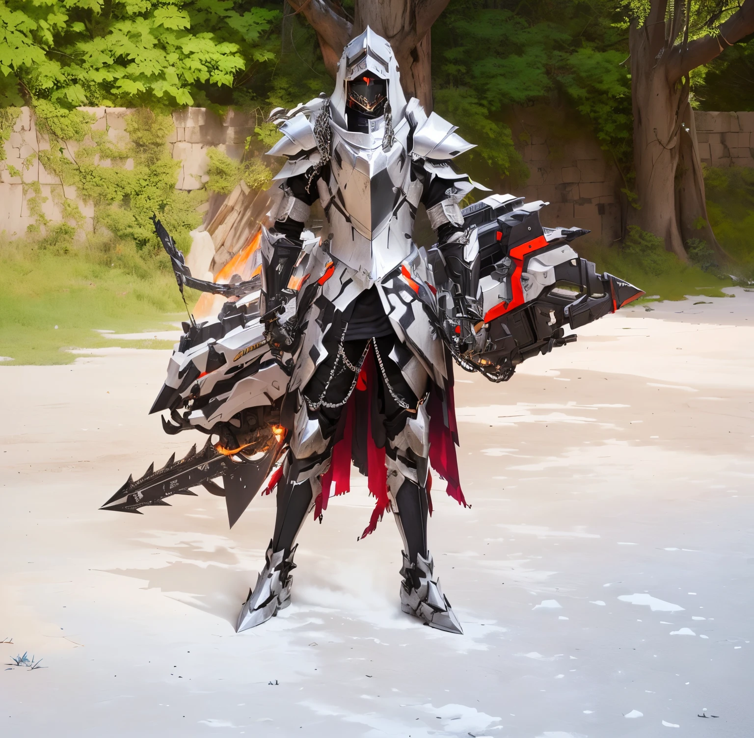 Arav armor with chains and chainsaw from the video game, Chrome equipment, Silver ice reflective armor, Off-white armor plating, Cloaked on the ragged plains, sharp silver armor fuchsia skin, Exquisite assassin mecha armor, Mechanical flame armor, Black fire reflective armor, Different sets, Lustrous white armor