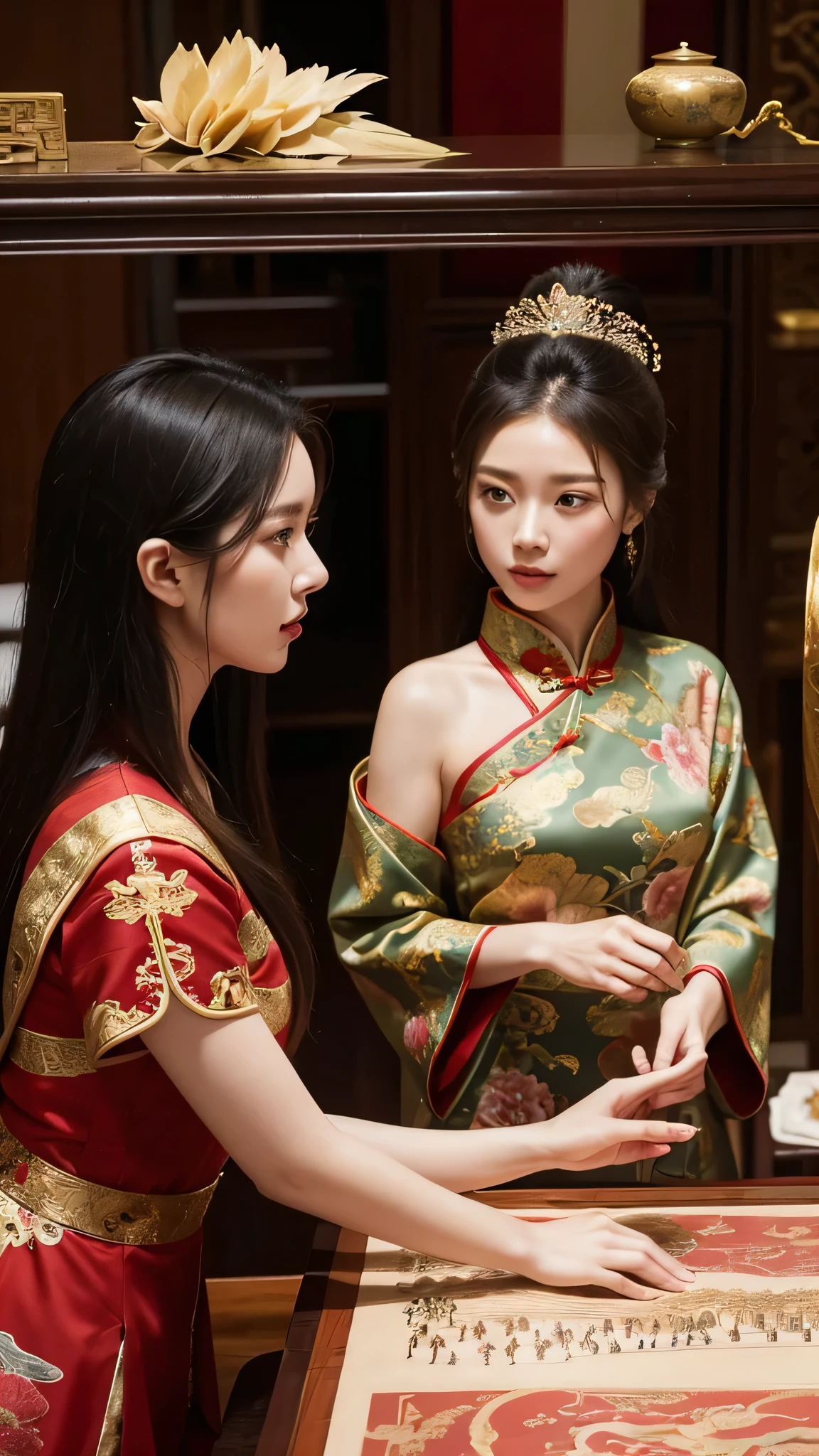 A scene depicting the strict selection process for palace ladies, showing a group of exceptionally beautiful and talented women being examined by court officials in a luxurious palace room, adorned with traditional Chinese art.