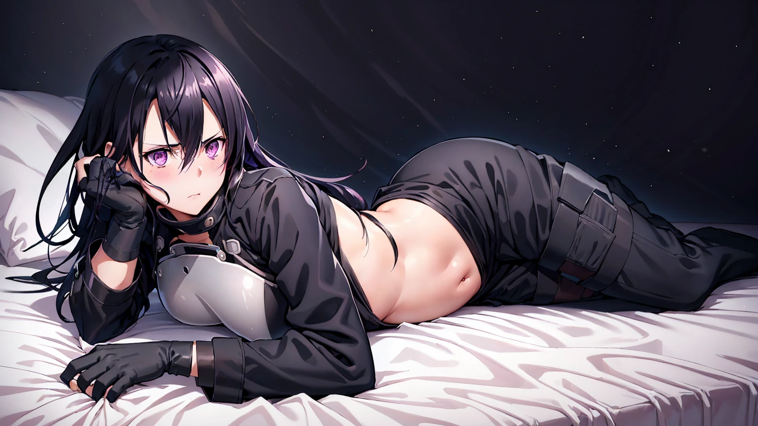 Kirito, Gun Gale Online Black Swordsman Costume Overthrow Jacket Black Shirt Breastplate, blush, large breastst Breast expansion A person with purple eyes and long hair is lying on the bed with his feet spread ahegao illustration, ultra-detailed, HDR, vibrant colors, soft lighting. full-body shot