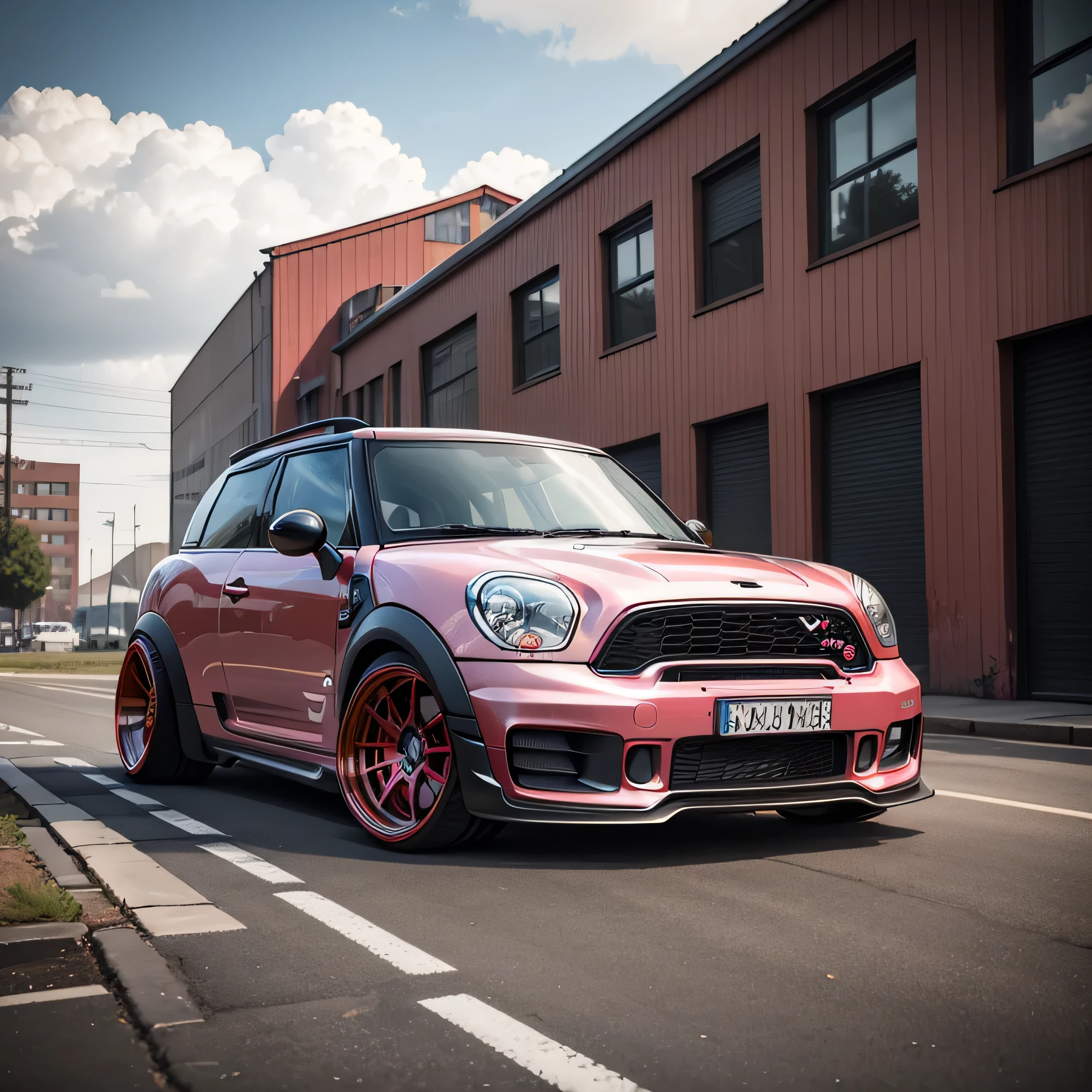 pink Classic Mini Countryman with red roof, ((carbon fibre, Liberty walk ultra wide body kit)), aggressive stance ((background: outside old industrial style building, large windows in background, overcast sky, heavy industrial look, cobble stone street)), 8K quality, realistic, realism, sharp, detailed, ultrawide, black and carbon fibre and deep candy apple red scheme, front profile, epic stance, epic ultra wide body kit, super low stance, aggressive looks