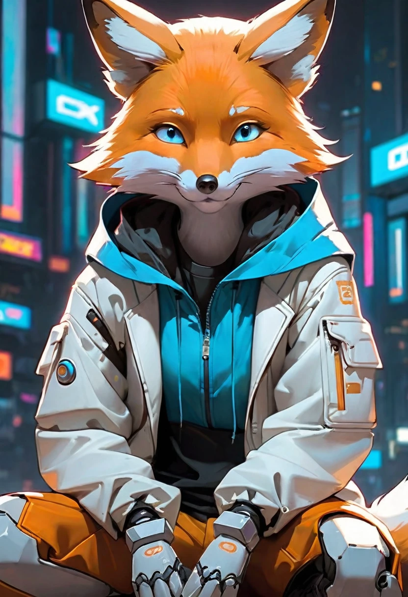 (Cute cartoon, CuteCartoonAF. | A masterpiece in maximum resolution 16K. | (cute cartoon style). | front view (solo adorable fox cyberpunk citizen) (meditating in a spacious Japanese pavilion), (wear a fashionable hoodie), ((mechanical cyberpunk)). | (((soft smile, I look at the viewer))), (bright blue eyes), ((one of the eyes is mechanical)). | cyberpunk cityscape in the background. | ((more detail))