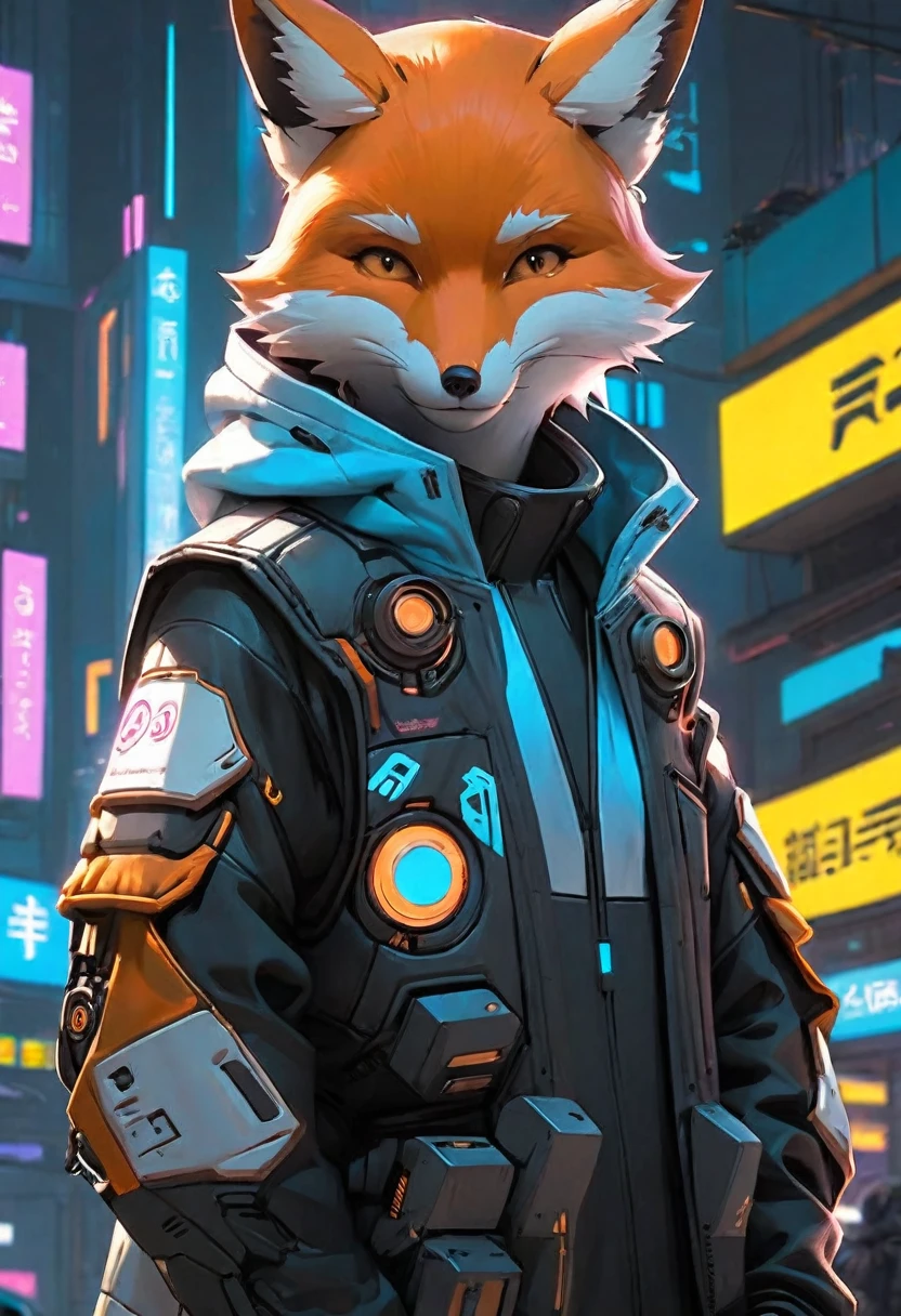 (Cute cartoon, CuteCartoonAF. | A masterpiece in maximum resolution 16K. | (cute cartoon style). | front view (solo adorable fox cyberpunk citizen) (meditating in a spacious Japanese pavilion), (wear a fashionable hoodie), ((mechanical cyberpunk)). | (((soft smile, I look at the viewer))), (bright blue eyes), ((one of the eyes is mechanical)). | cyberpunk cityscape in the background. | ((more detail))