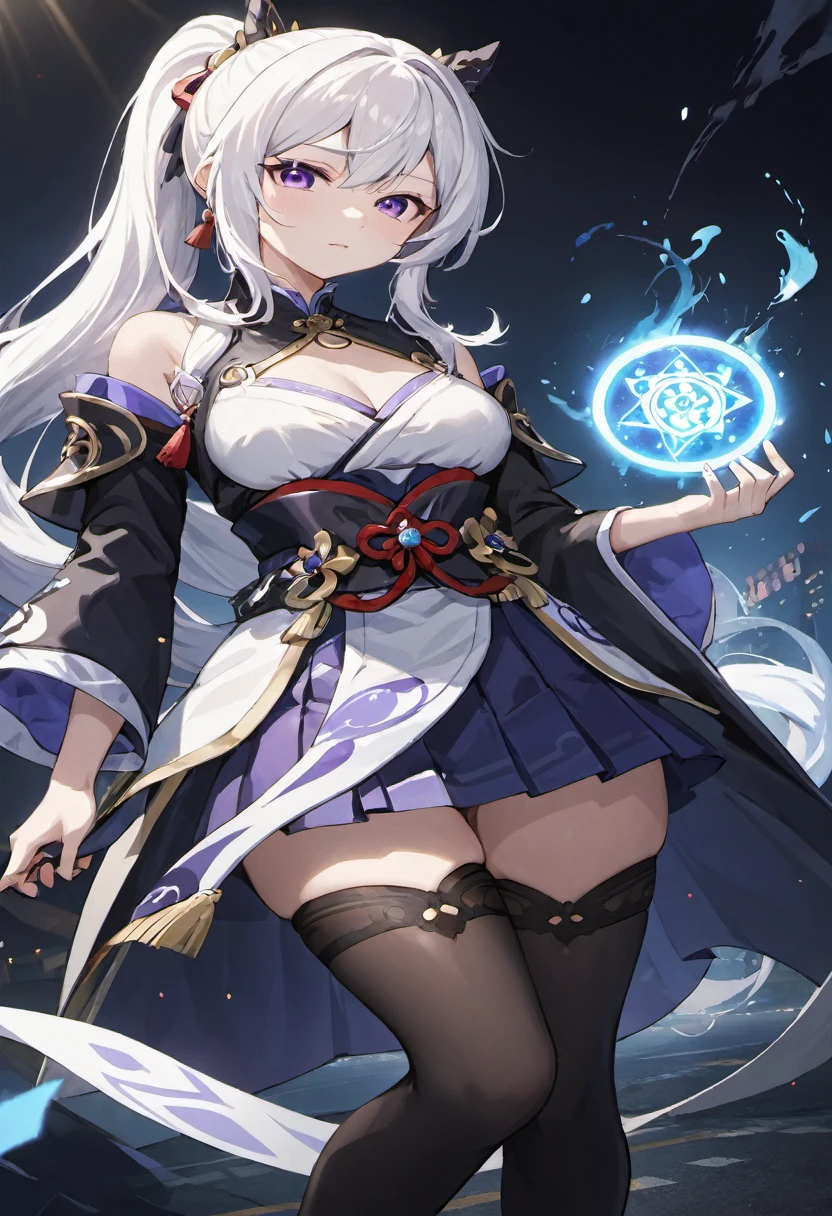 1 girl, Japanese clothes, ponytail ,white hair, purple eyes, magic circle, blue light, เปลวblue light, Wallpaper, terrain, blood, blood splatter, depth of field, nighttime, light particles, light rays, On the side of the road, thigh, fortune \(set\), Genshin Impact, ****, open jacket, skirt, thighสูง, cloud
