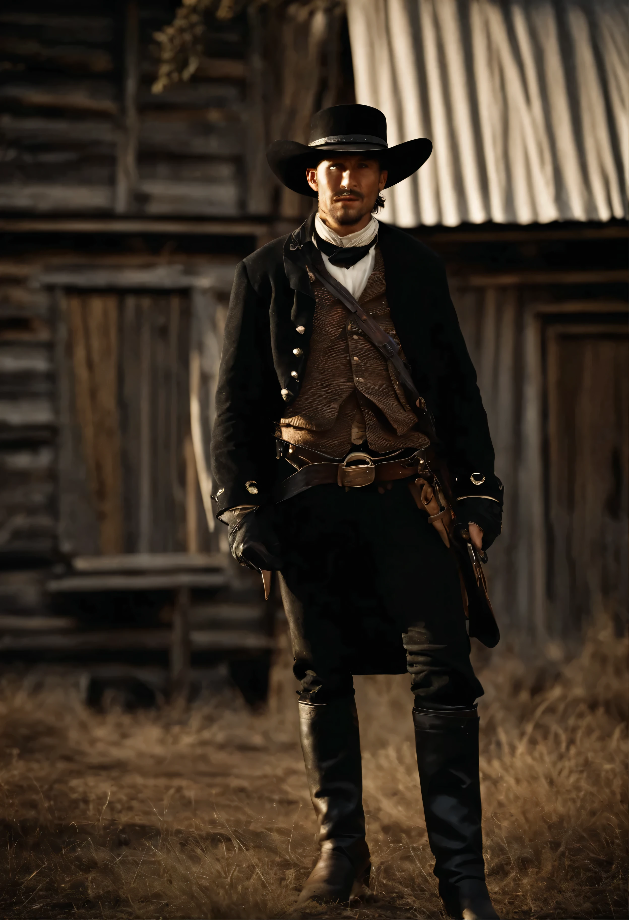 Black Costumeに身を包み、A smiling Billy the Kid、In the foreground of this 8K ultra-high definition image is the々Standing there。The close-up shot focuses on his upper body.、It captures all the intricate details of the worn fabric and weathered leather texture of the boots.。This scene、Paint peeling off、The backdrop is an old Midwestern house with creaking wood.、A sense of history and authenticity。Vivid colors and realistic textures、Create dynamic and visually striking scenes、Impressive。(magazine:1.3)、(Cover Style:1.3)、historic、cowboy、Black Costume、close