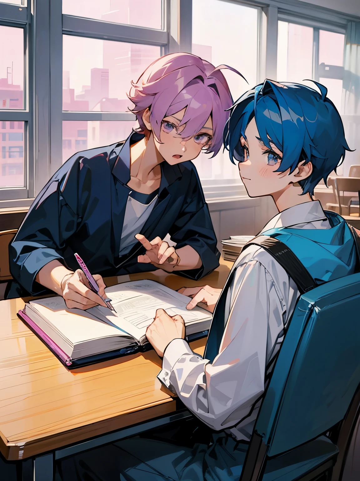 cartoon of two boys sitting at a table with a book and a backpack, ddlc, in the art style of 8 0 s anime, 9 0 s anime style, 90s anime style, in anime style, in an anime style, anime aesthetic, anime vibes, 9 0 s anime aesthetic, 9 0 s anime art style, lofi boy, typical anime classroom, beautiful background window, two cute boys, beautiful faces, two boys, don't extra hands, NO extra hands, generate two boys with NO extra hands, NO extra arm