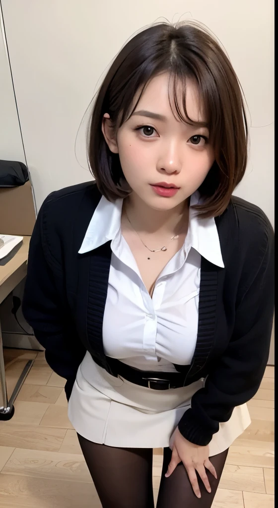 highest quality、masterpiece、Office Lady、Black Pantyhose、White Room Wallpaper、Wood Grain Floor、((Front view from below))、Plump big breasted edium bob hair、White shirt、Long tight skirt、Staring at the audience、Red face、White panties、Wet clothes、Standing in the office、Black Skirt、Wearing a black cardigan、