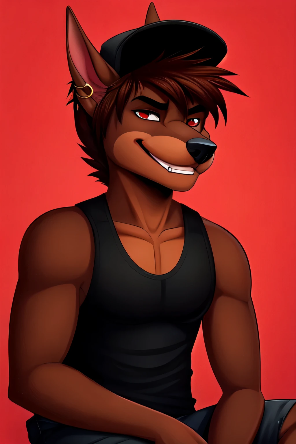 by granitemcgee, anthro, solo, male, dog, pinscher, brown body, Brown fur, red background, dwarf size, tank top, short hair, red eyes, Brown hair, spiky hair, evil smile, wearing cap, ear ring, black fur, sitting
