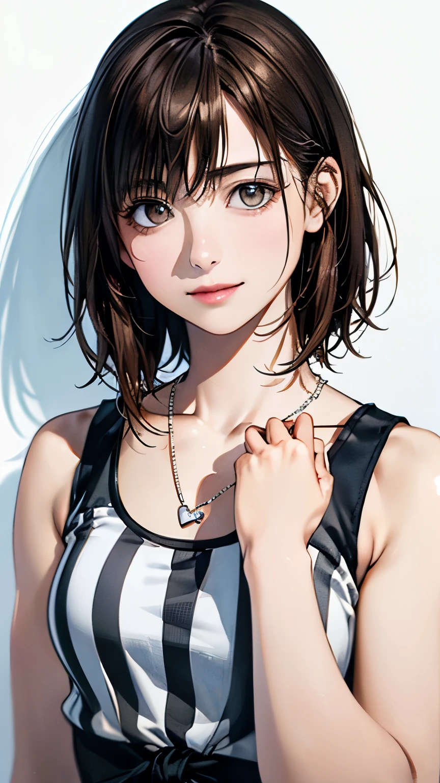 (highest quality、8k、32K、masterpiece)、(realistic)、(Photoreal:1.2)、(High resolution)、Super detailed、very beautiful face and eyes、1 girl、round and small face、thin waist、delicate body、(close、highest quality、high detail、rich skin details)、(highest quality、8k、oil paint:1.2)、Super detailed、(realistic、realistic:1.37)、bright colors、(((brown hair)))、(((bust shot)))、(((medium hair)))、(((pure white wall background)))、(((pure white wall background)))、(((White and gray stripes々wear a tank top)))、(((laughing)))、(((I'm wearing a horizontal striped tank top)))、(((look straight ahead)))、(((brown hair)))、(((wearing a heart necklace)))、(((She is wearing a white and gray striped tank top)))、(((her hair is tied up with a yellow ribbon)))、(((Raising hands)))