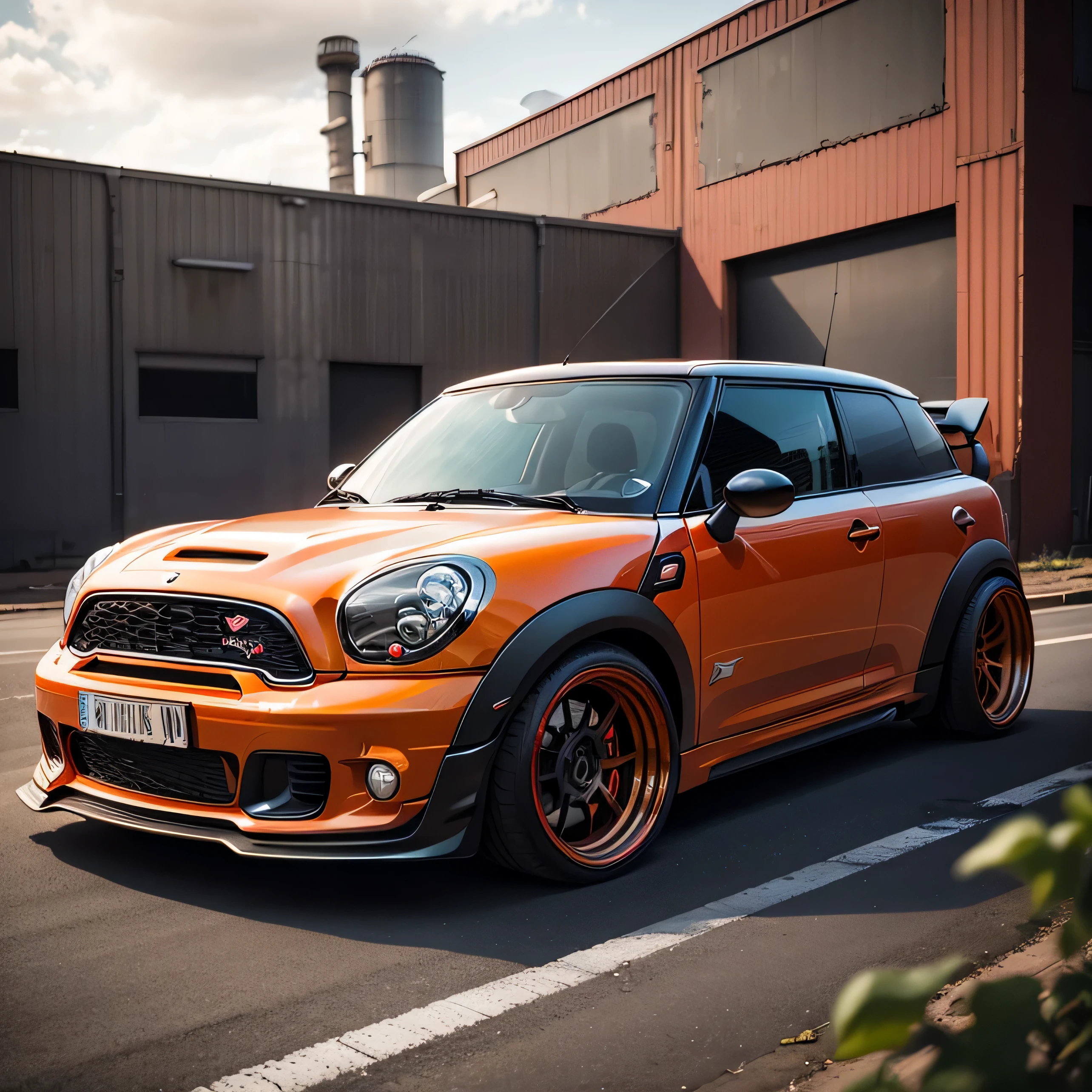 orange Classic Mini Countryman with red roof, ((carbon fibre, Liberty walk ultra wide body kit)), aggressive stance ((background: outside old industrial style building, large windows in background, overcast sky, heavy industrial look, cobble stone street)), 8K quality, realistic, realism, sharp, detailed, ultrawide, black and carbon fibre and deep candy apple red scheme, front profile, epic stance, epic ultra wide body kit, super low stance, aggressive looks